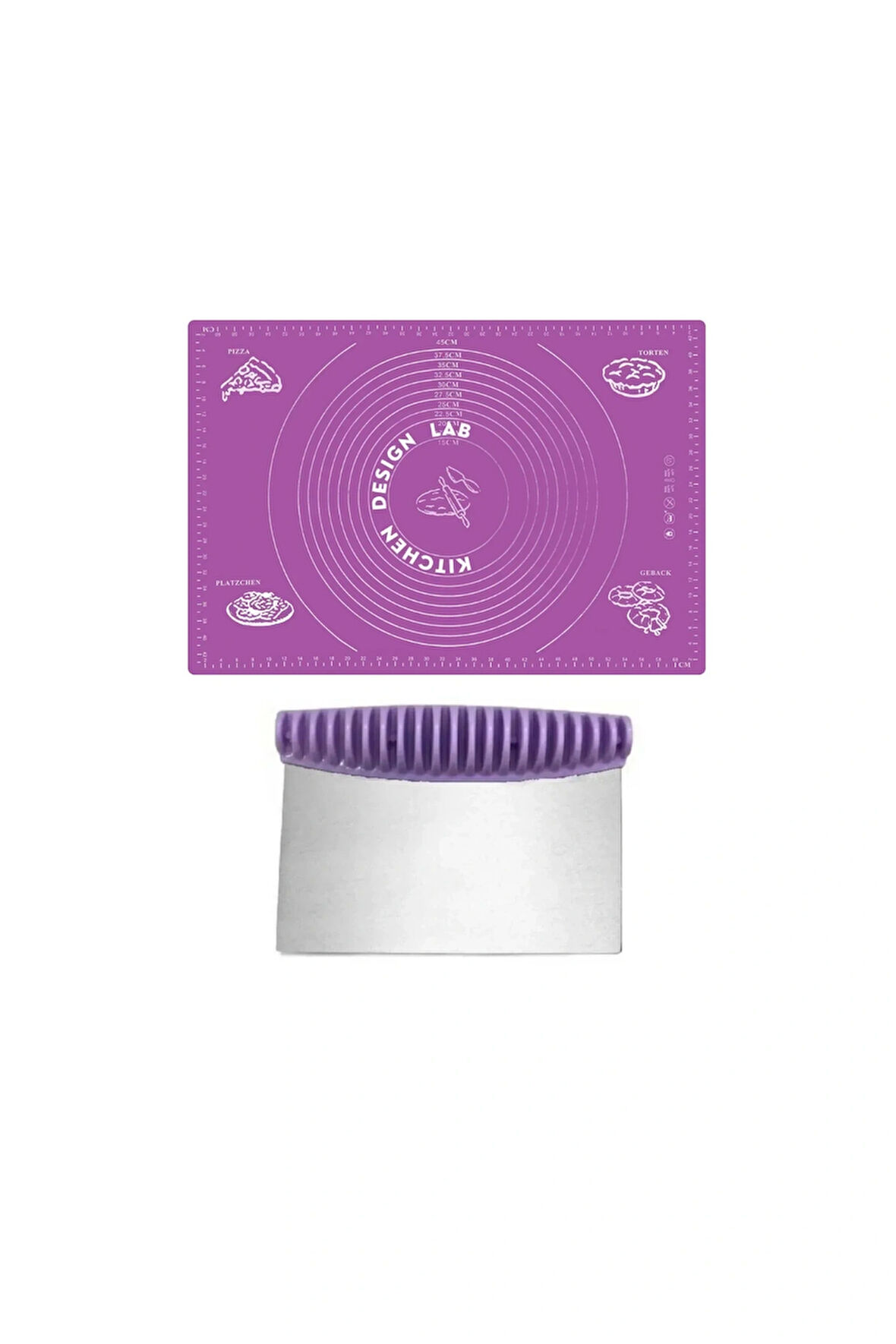 2'li Set Mor 45x65 cm Silikon Hamur Açma Matı Ve Çelik Spatula Hamur Kesici Set