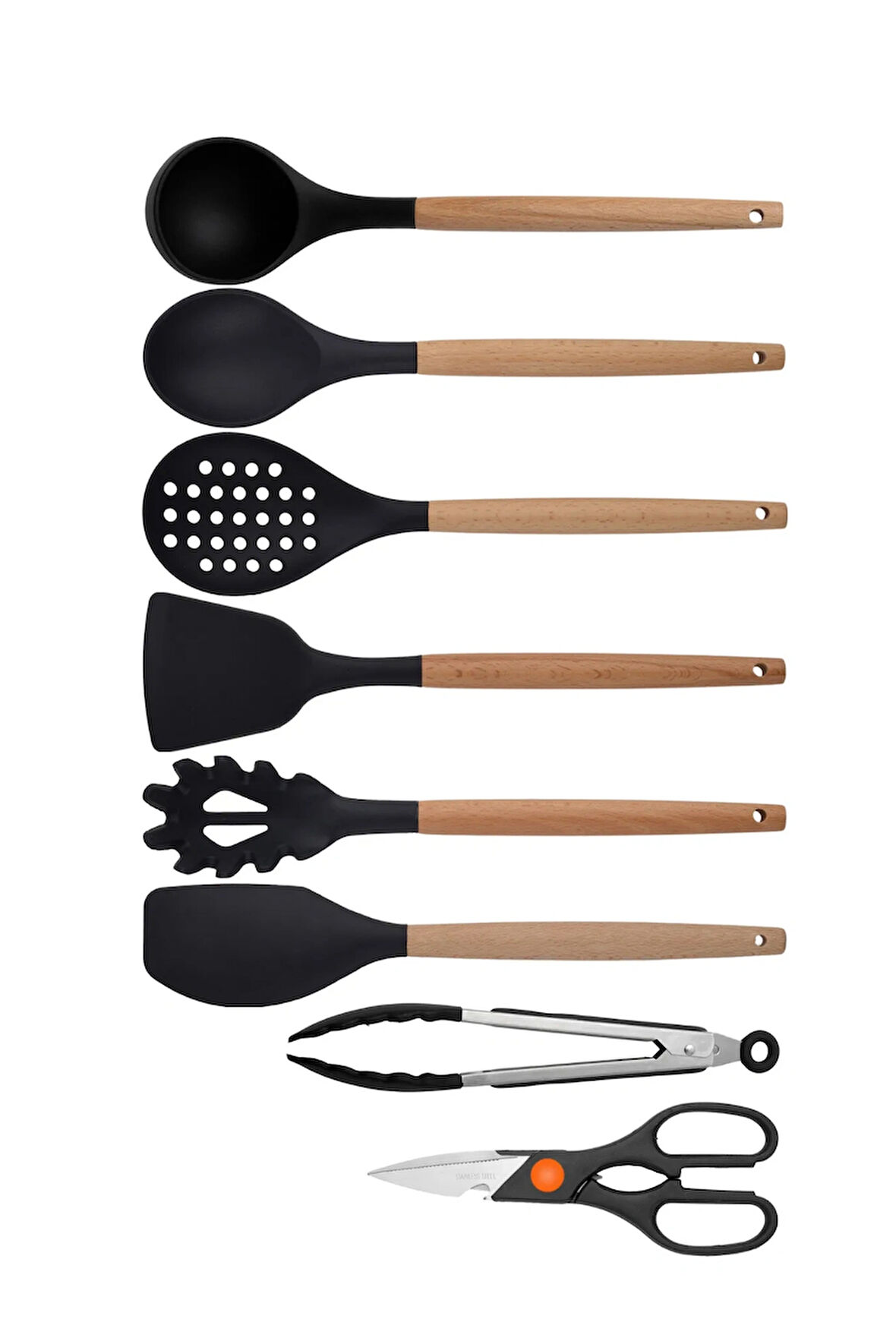 Siyah Bambu Silikon - Kepçe, Kaşık, Kevgir, Makarna, Açılı - Düz Spatula, Metal Maşa, Makas 8 li set