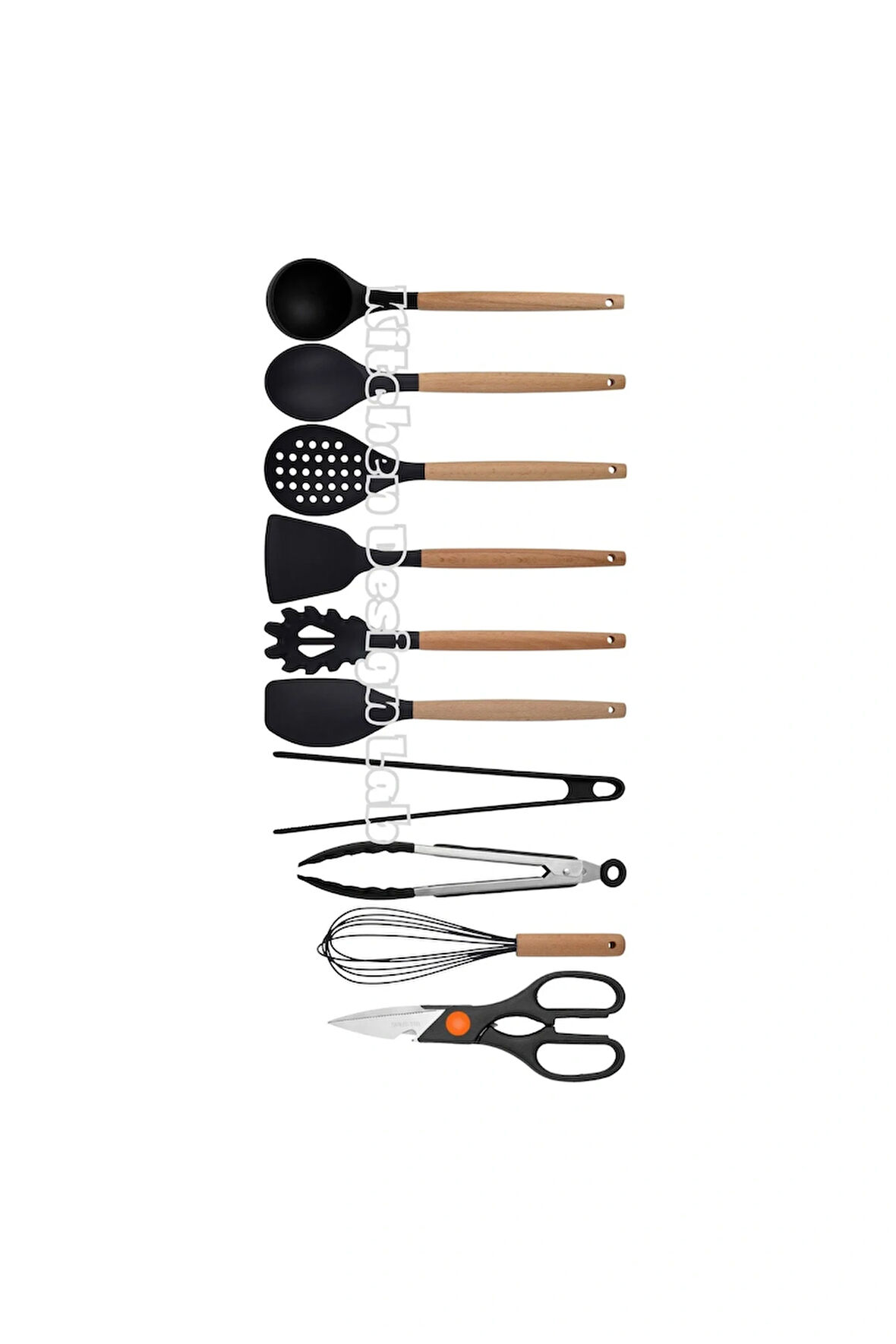 Siyah Bambu Silikon - Kepçe, Kaşık, Kevgir, Makarna, 2 Spatula, Silikon Metal Maşa, Makas, Çırpıcı