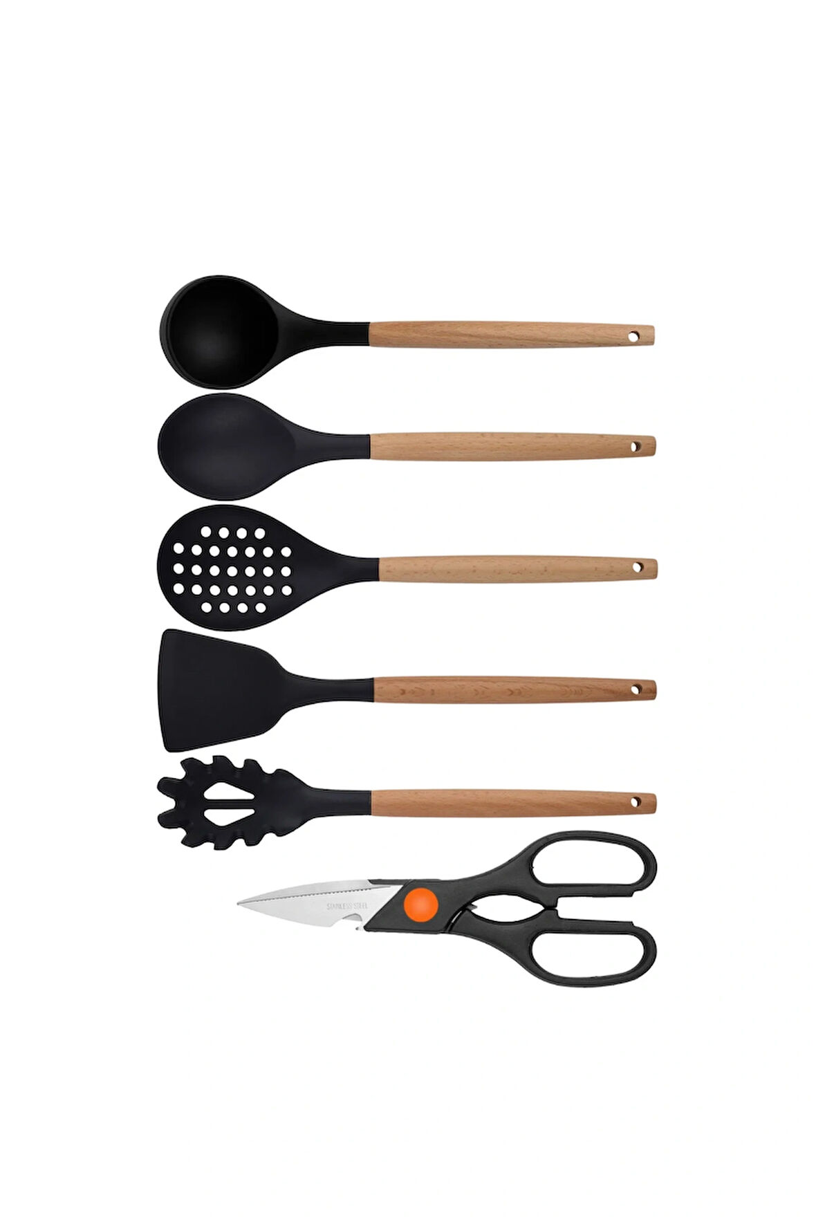 Siyah Bambu Silikon Servis Seti - Kepçe, Kaşık, Kevgir, Makarna, Açılı Spatula, Makas, 6 Adet