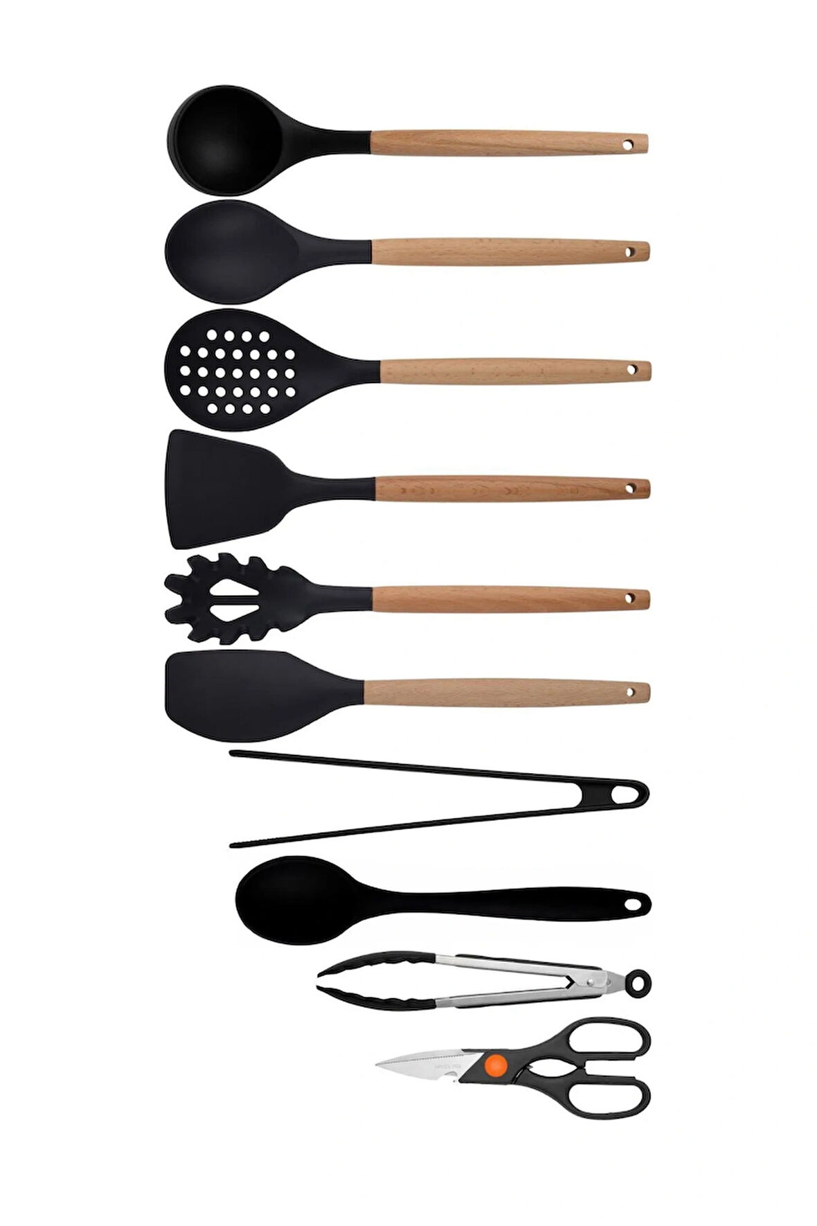 Siyah Bambu Silikon - Kepçe, Kaşık, Kevgir, Makarna, 2 Spatula, 2 Maşa, Silikon Kaşık, Makas Set