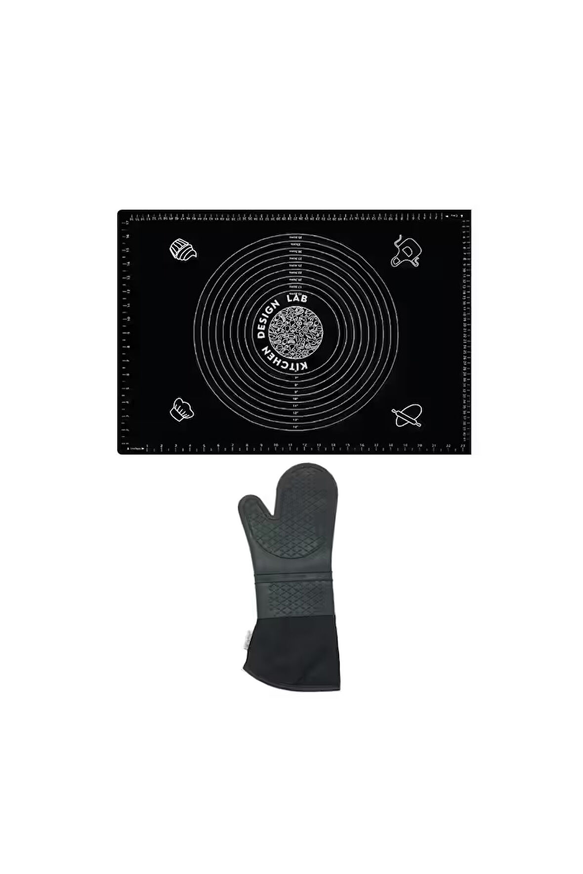 2'li Set Siyah 45x65 Cm Silikon Hamur Açma Matı Ve Gri Silikon Yanmaz Mutfak Fırın Eldiveni