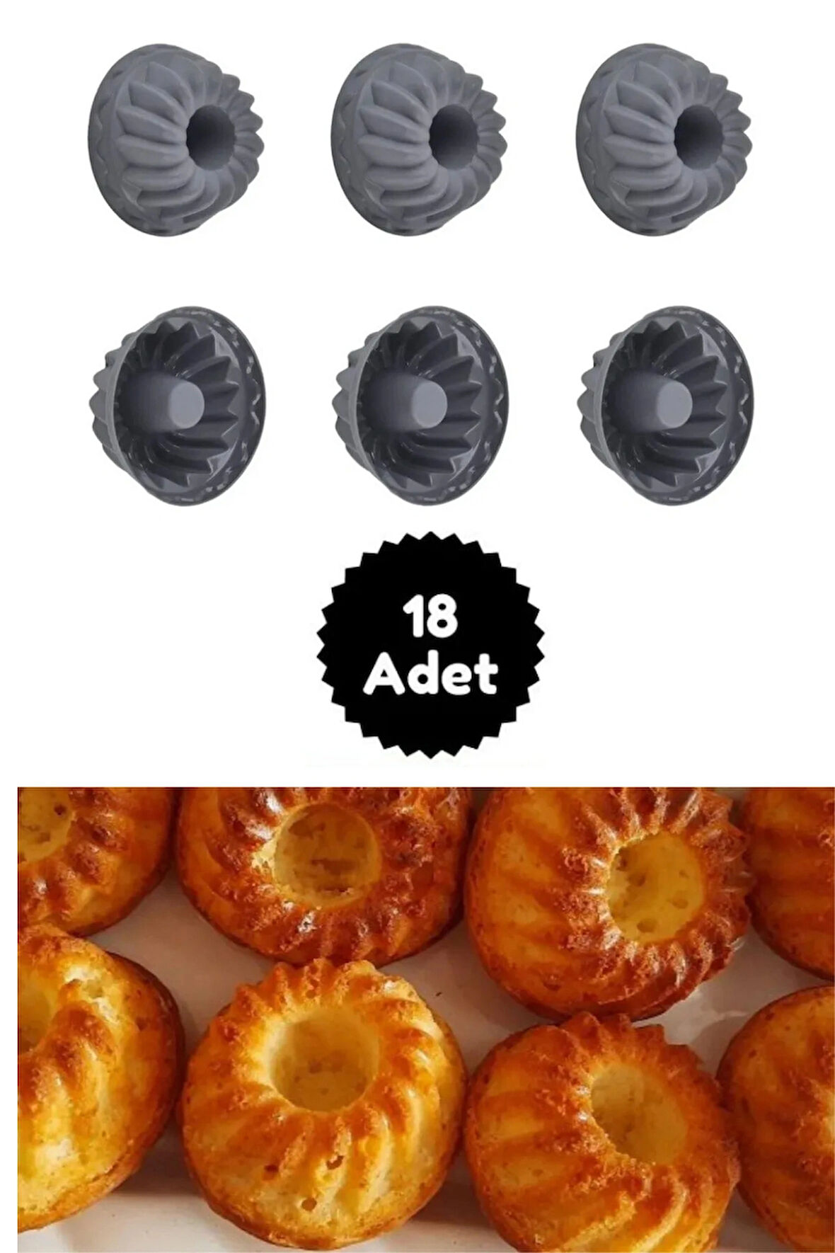 Antrasit 18'li Silikon Mini Kek Kalıbı - Muffin Kalıbı 18 Adet Göbekli Kek Kalıbı