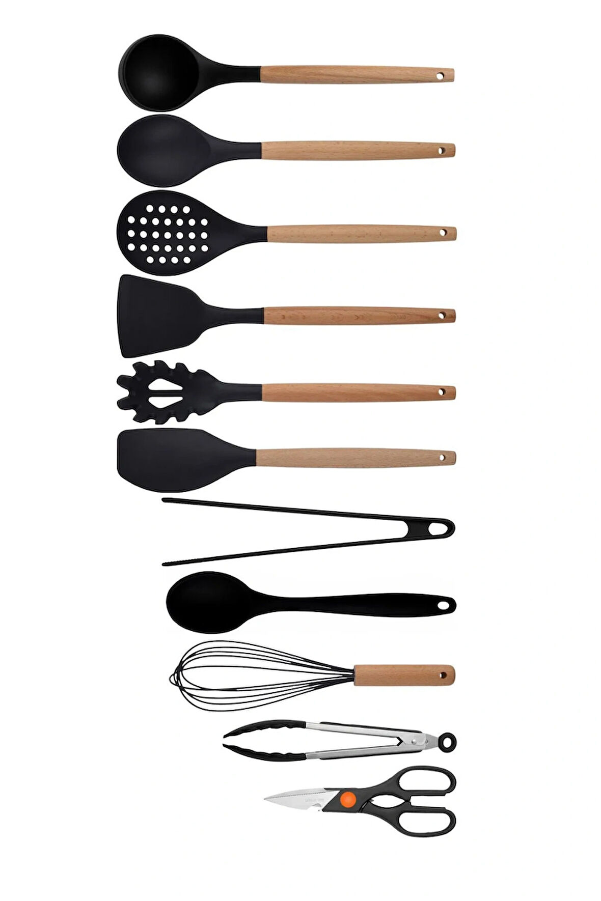 Siyah Bambu Silikon Kepçe Kaşık Kevgir Makarna, 2 Spatula, 2 Maşa, Çırpıcı, S Kaşık, Makas 11 Li Set