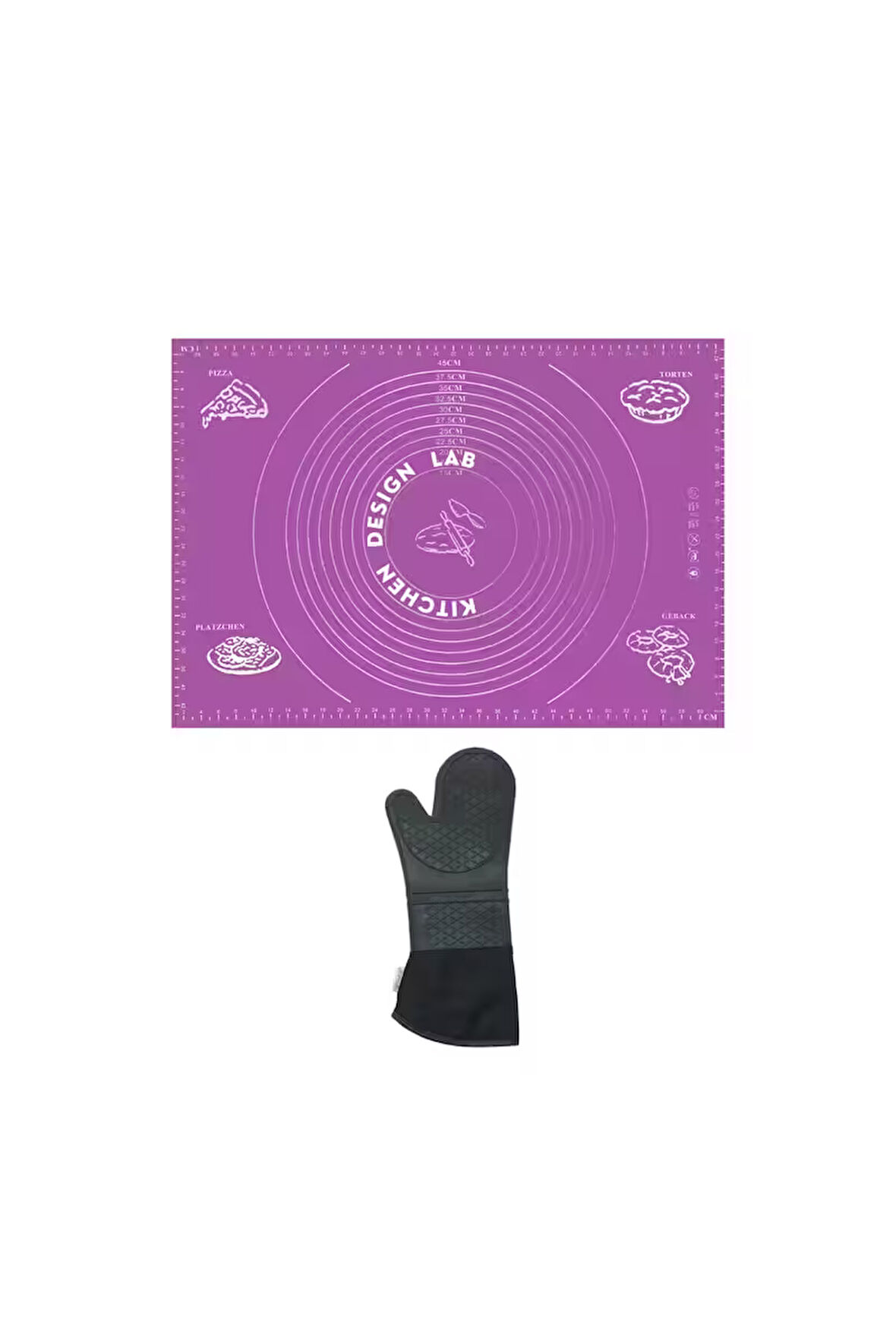 2'li Set Mor 45x65 Cm Silikon Hamur Açma Matı Ve Gri Silikon Yanmaz Mutfak Fırın Eldiveni