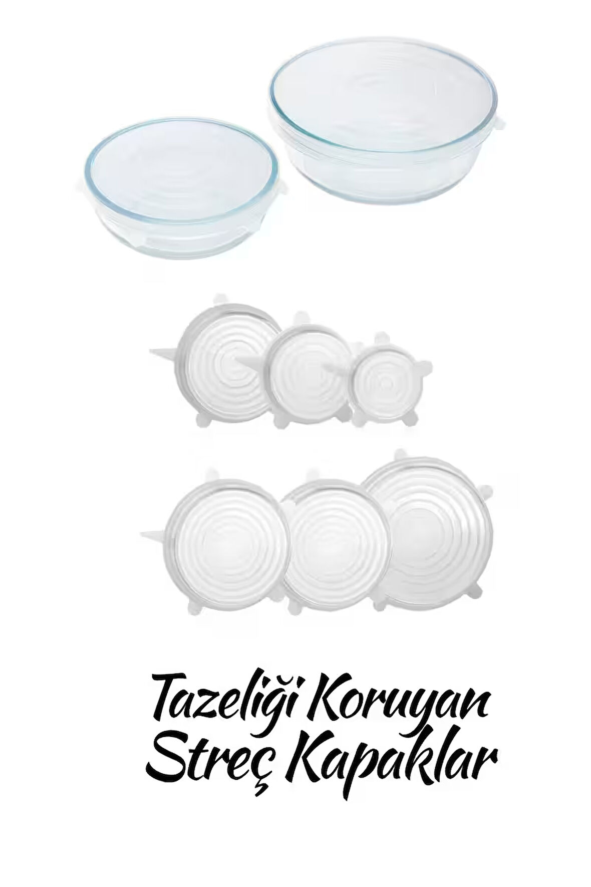 Silikon 2 Boy Yuvarlak Borcam Kapağı Ve Silikon Streç Kapak 6'lı Tencere Kupa Bardak Bonesi