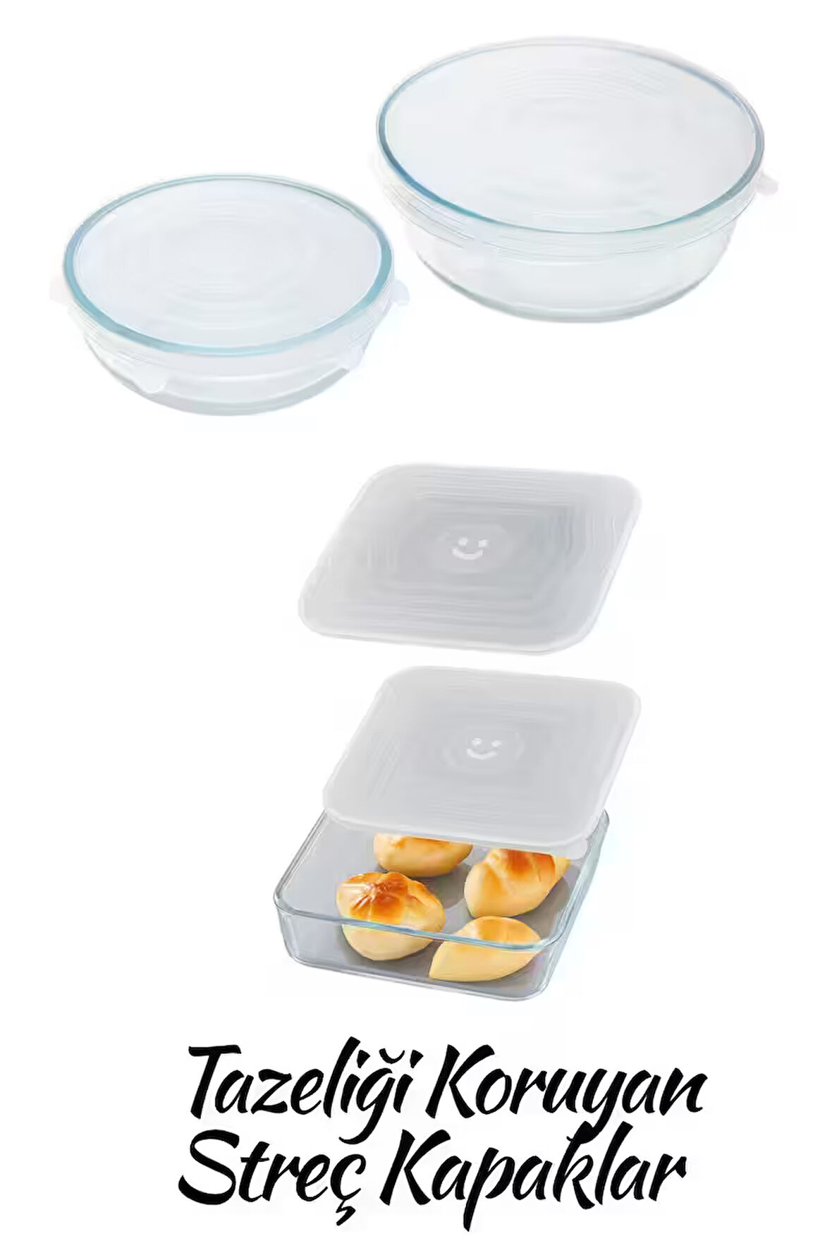 Silikon 2 Boy Kare Ve Yuvarlak Borcam Kapağı-tazeliği Koruyan Streç Kapaklar