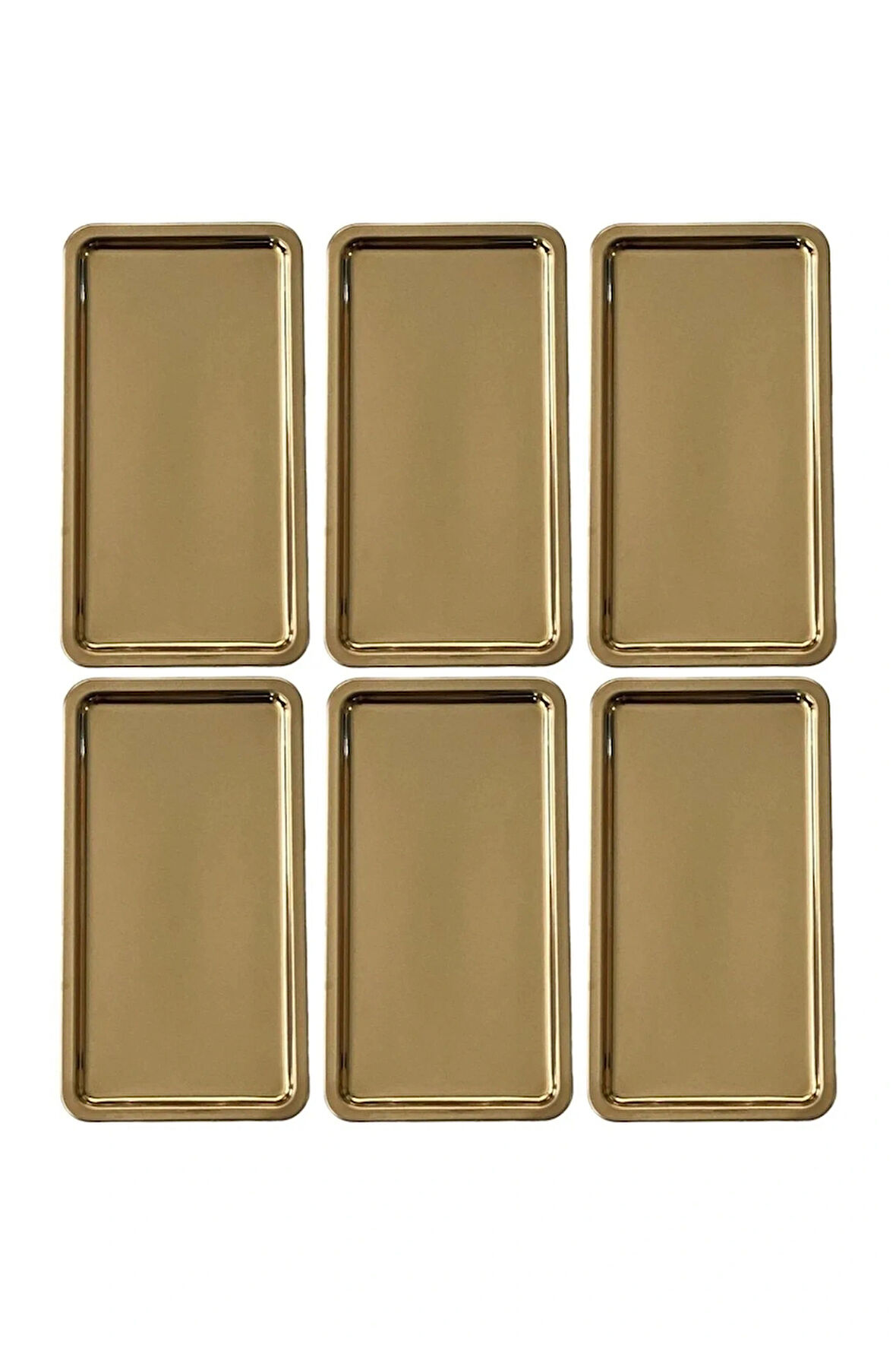 Paslanmaz Çelik Gold Renk Dikdörtgen Geniş Metal Düz Sunum Tepsisi Çay Kahve Tatlı Sunum 4 Adet