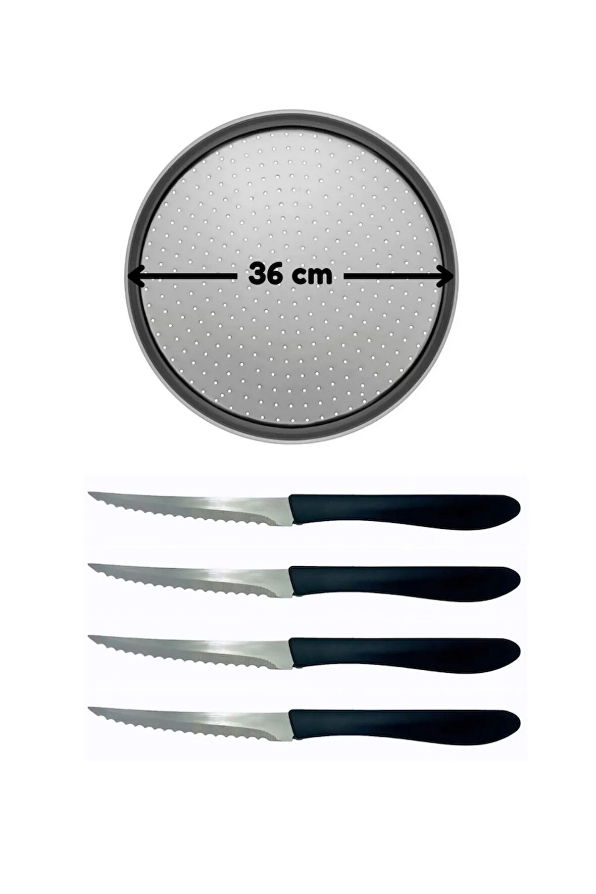 Büyük Boy Delikli Pizza Tepsisi Lahmacun Tepsisi 36 Cm ve Paslanmaz Çelik Siyah Pizza Bıçağı 4 Adet