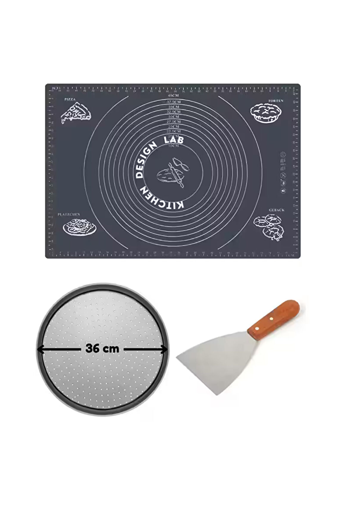 Gri Hamur Açma Matı 45 X 65 Cm, 36 Cm Pizza Tepsisi Ve Ahşap Uzun Saplı Hamur ve Pizza Kesici