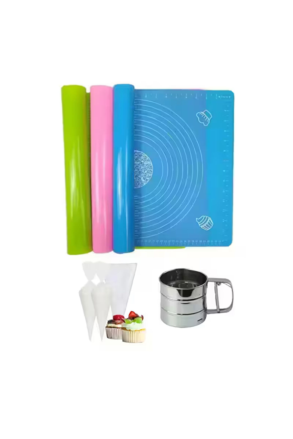 Çok Amaçlı Hamur Açma Matı 45 Cm X 65 Cm, Çelik Un Eleği ve Kullan At Krema Torbası 50 li