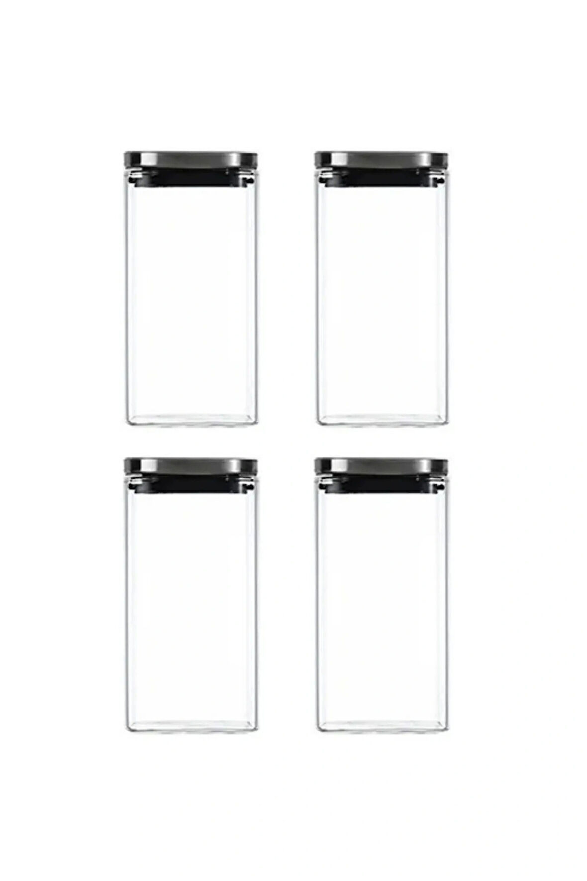 Vakum Krom Kapaklı Kare Cam Kavanoz 8x8*15 Cm -800 ML Cam Baharatlık Saklama Kabı 4 Adet