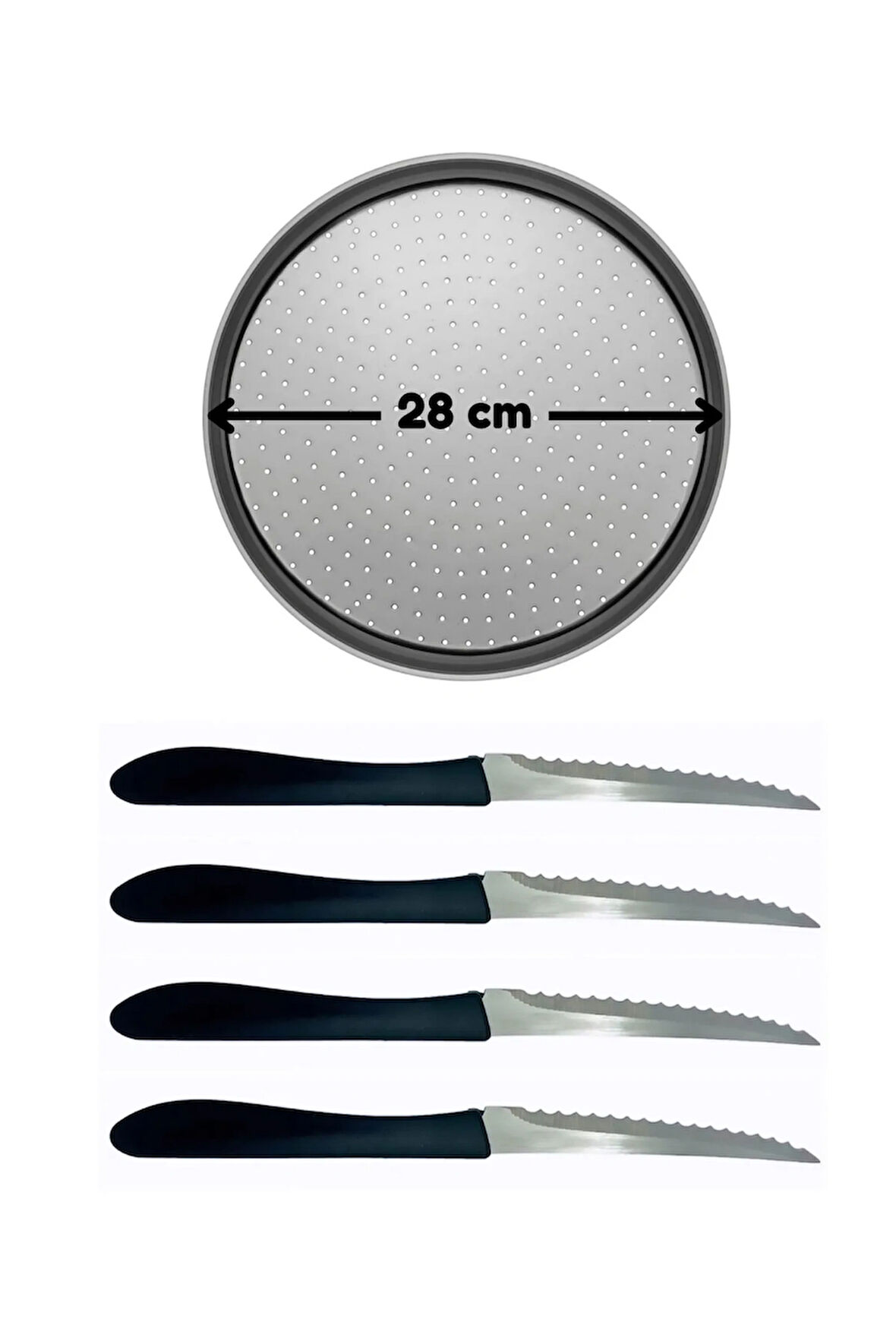 Küçük Boy Delikli Pizza Tepsisi Lahmacun Tepsisi 28 Cm ve Paslanmaz Çelik Siyah Pizza Bıçağı 4 Adet