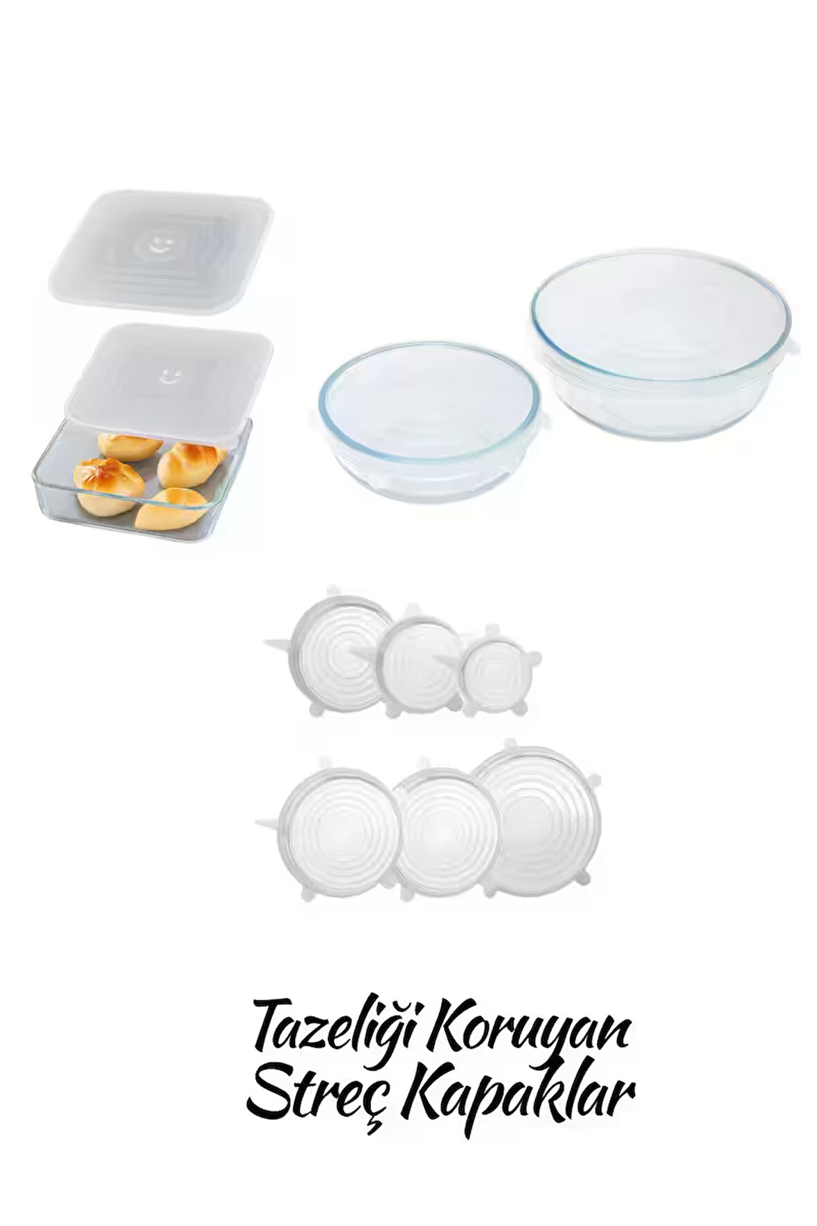 Silikon 2 Boy Kare Ve Yuvarlak Borcam Kapağı 2'li Ve Silikon Streç Kapak 6'lı Tencere Bonesi