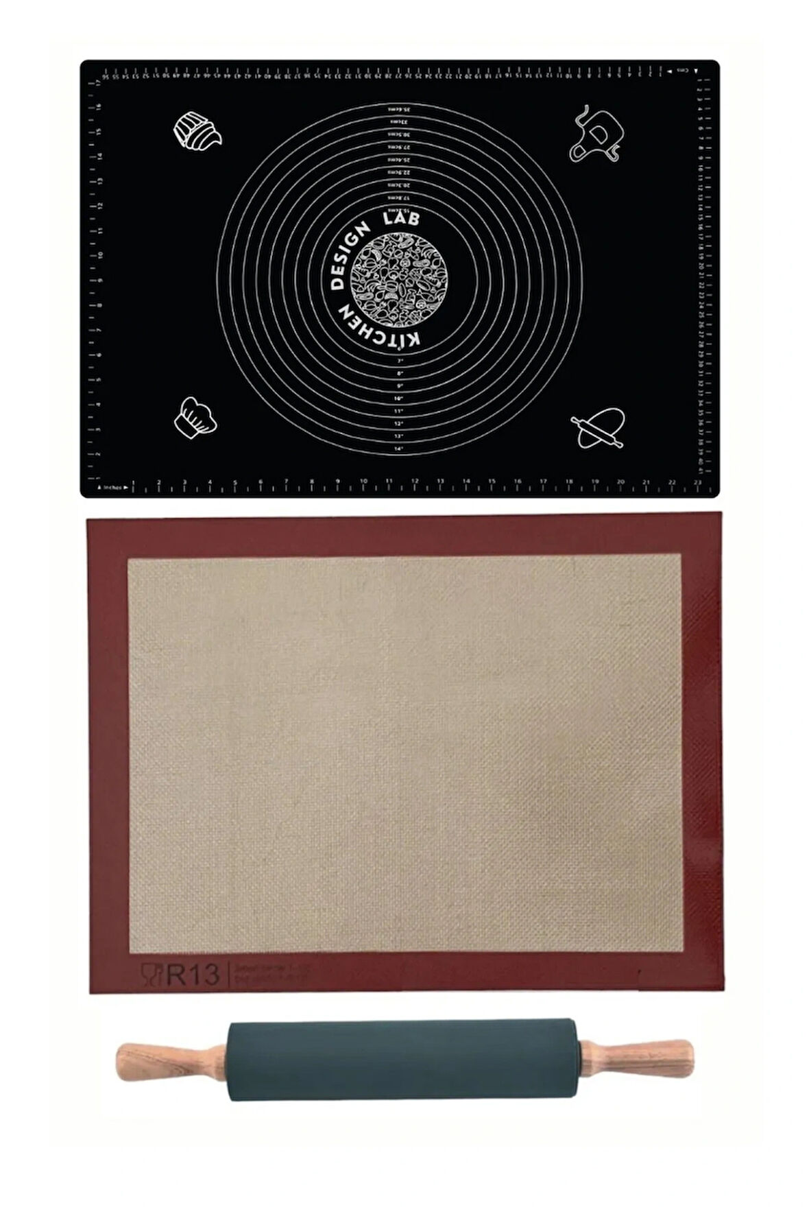 1. Sınıf Fırın Pişirme Altlığı, Siyah Ölçülü Hamur Açma Matı 45 X 65 Cm, Bambu Saplı Silikon Merdane