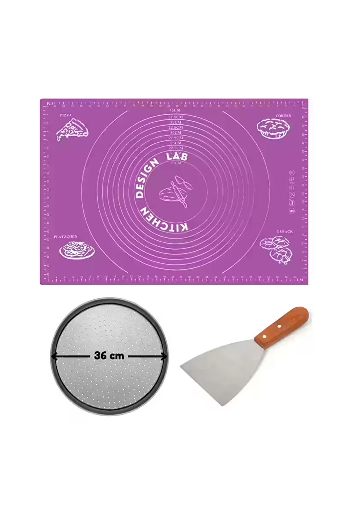 Mor Hamur Açma Matı 45 X 65 Cm, 36 Cm Pizza Tepsisi Ve Ahşap Uzun Saplı Hamur ve Pizza Kesici
