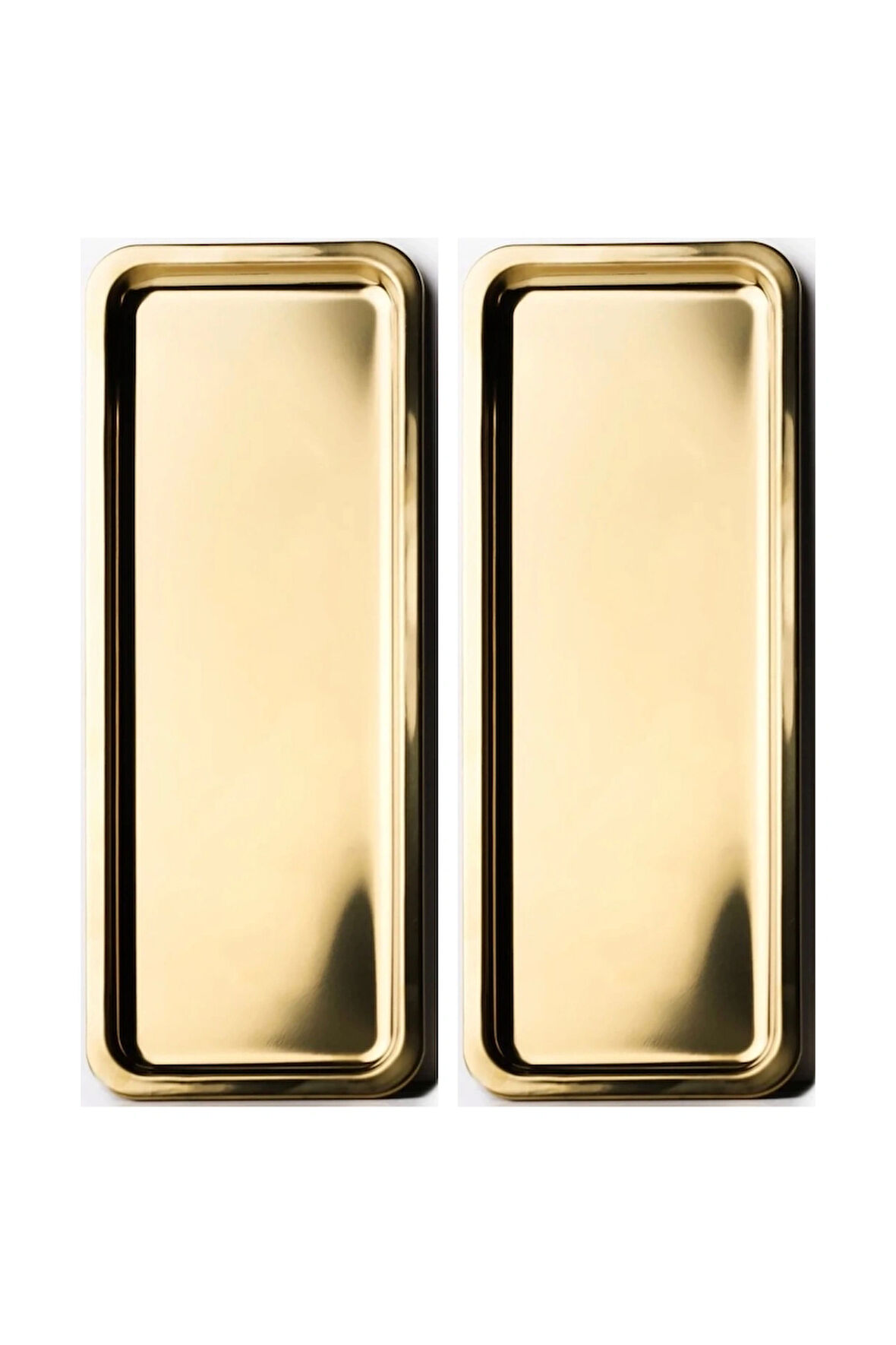 Paslanmaz Çelik Gold Renk Dikdörtgen Dar Metal Düz Sunum Tepsisi Çay Kahve Tatlı Sunum 2 Adet