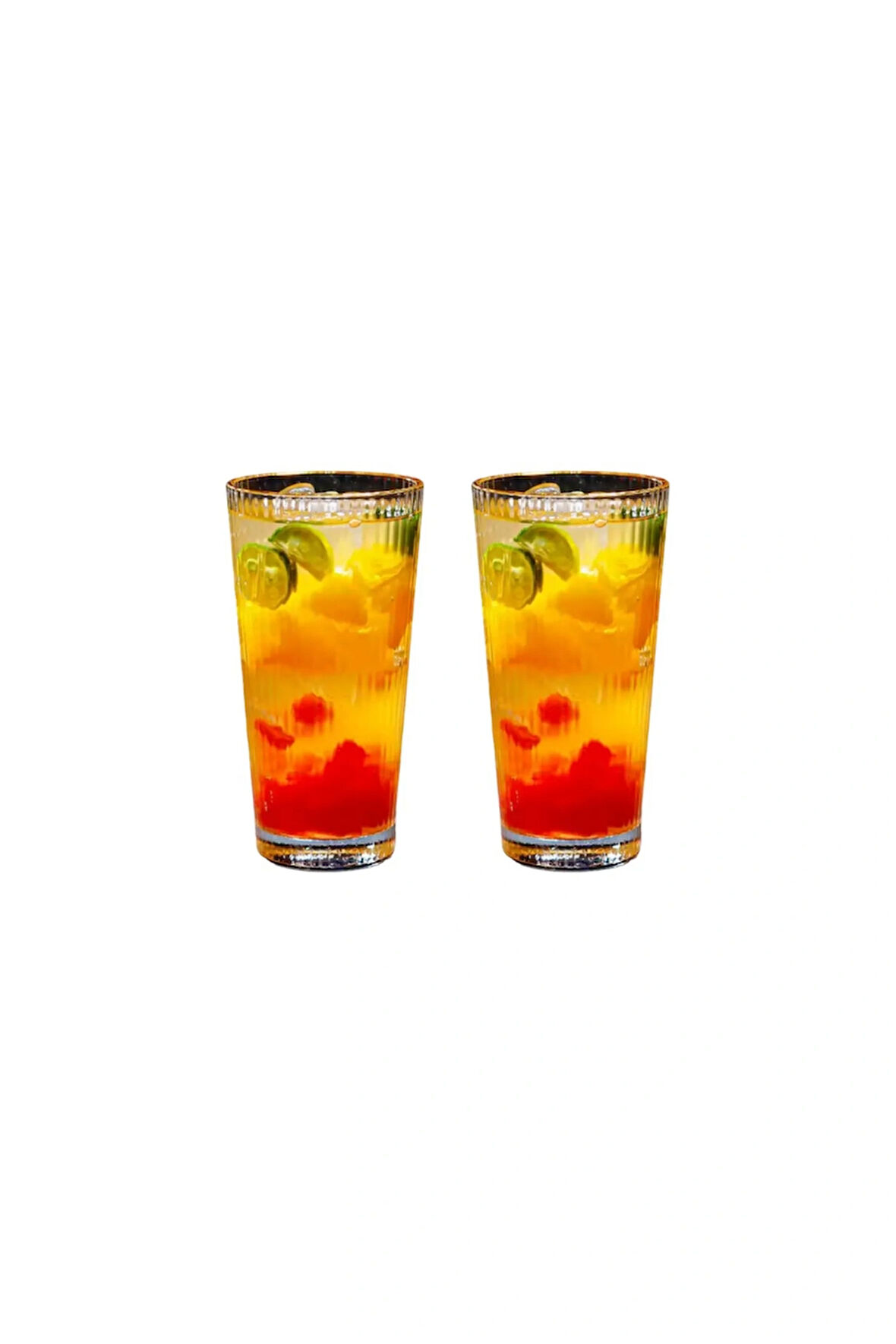 Yeni Tasarım Çizgili Uzun Cam Bardak, Meşrubat, Latte, Nescafe, Su Bardağı 300 ml - 2 Adet - 2441