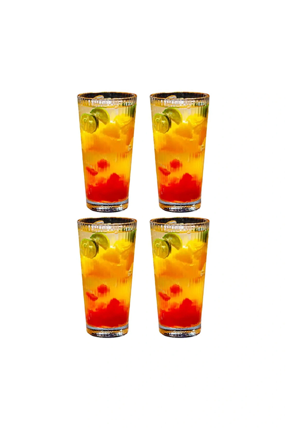 Yeni Tasarım Çizgili Uzun Cam Bardak, Meşrubat, Latte, Nescafe, Su Bardağı 300 ml - 4 Adet - 2441