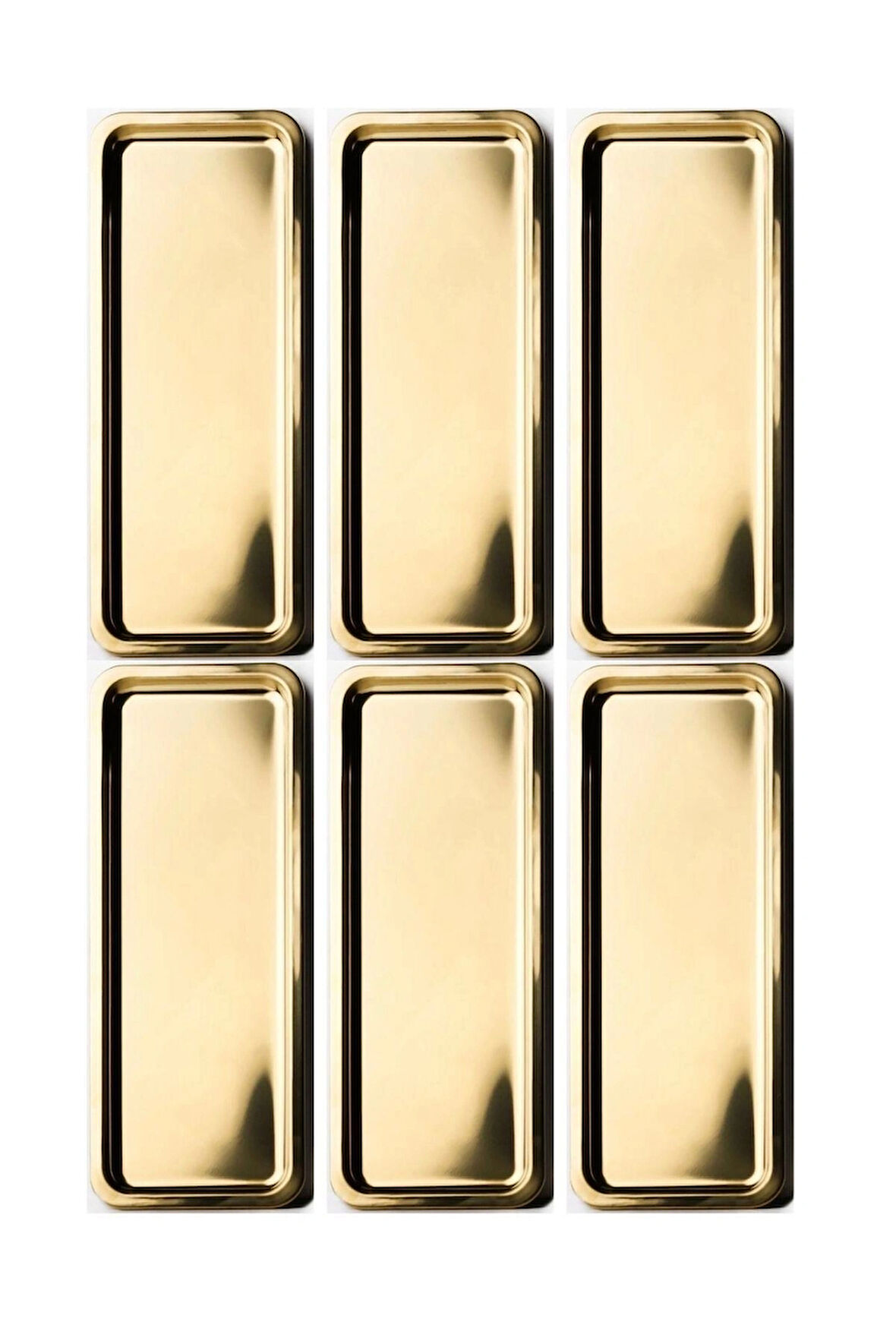 Paslanmaz Çelik Gold Renk Dikdörtgen Dar Metal Düz Sunum Tepsisi Çay Kahve Tatlı Sunum 6 Adet