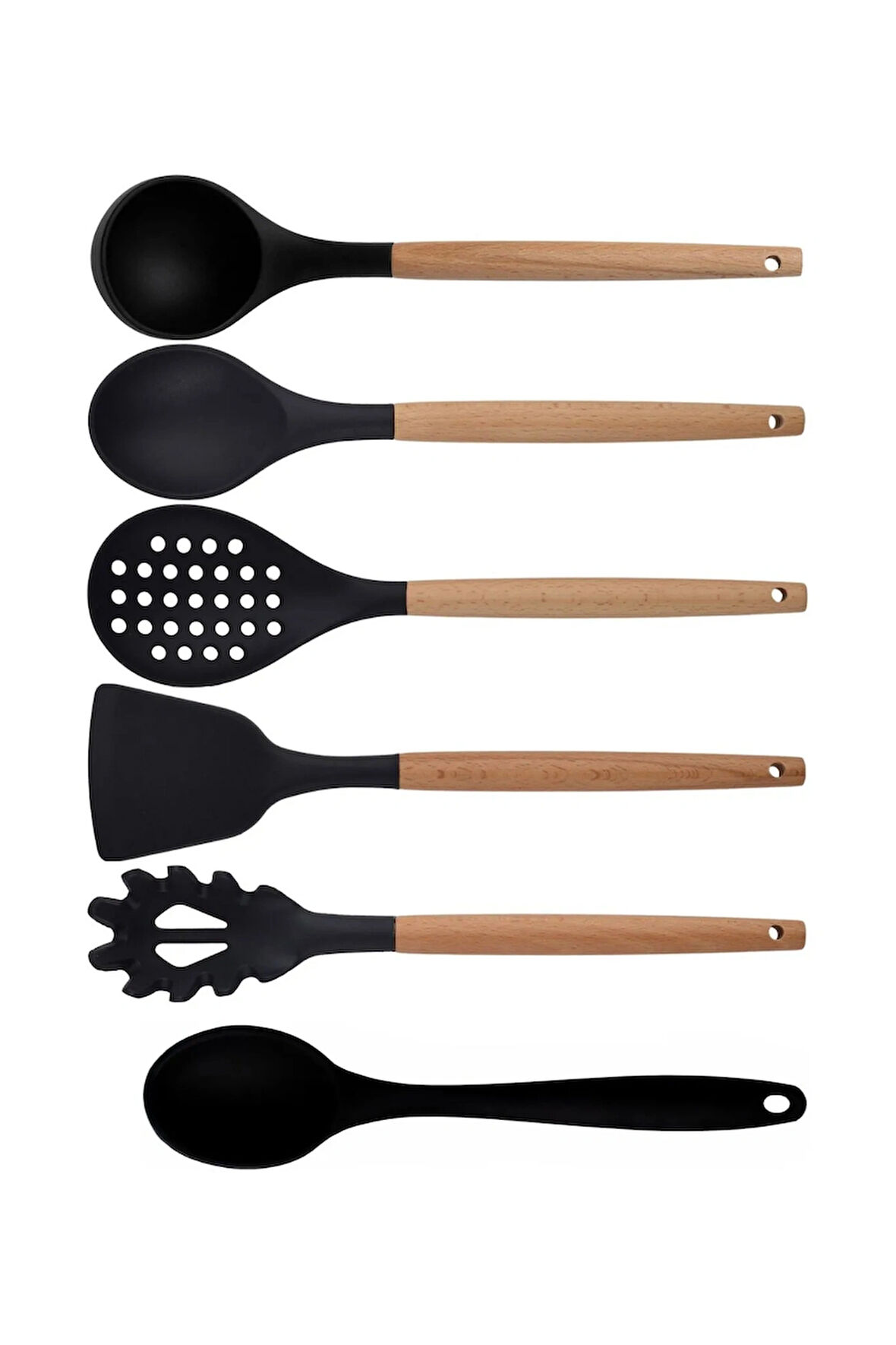 Siyah Bambu Silikon - Kepçe, Kaşık, Kevgir, Makarna, Açılı Spatula, Silikon Kaşık Set