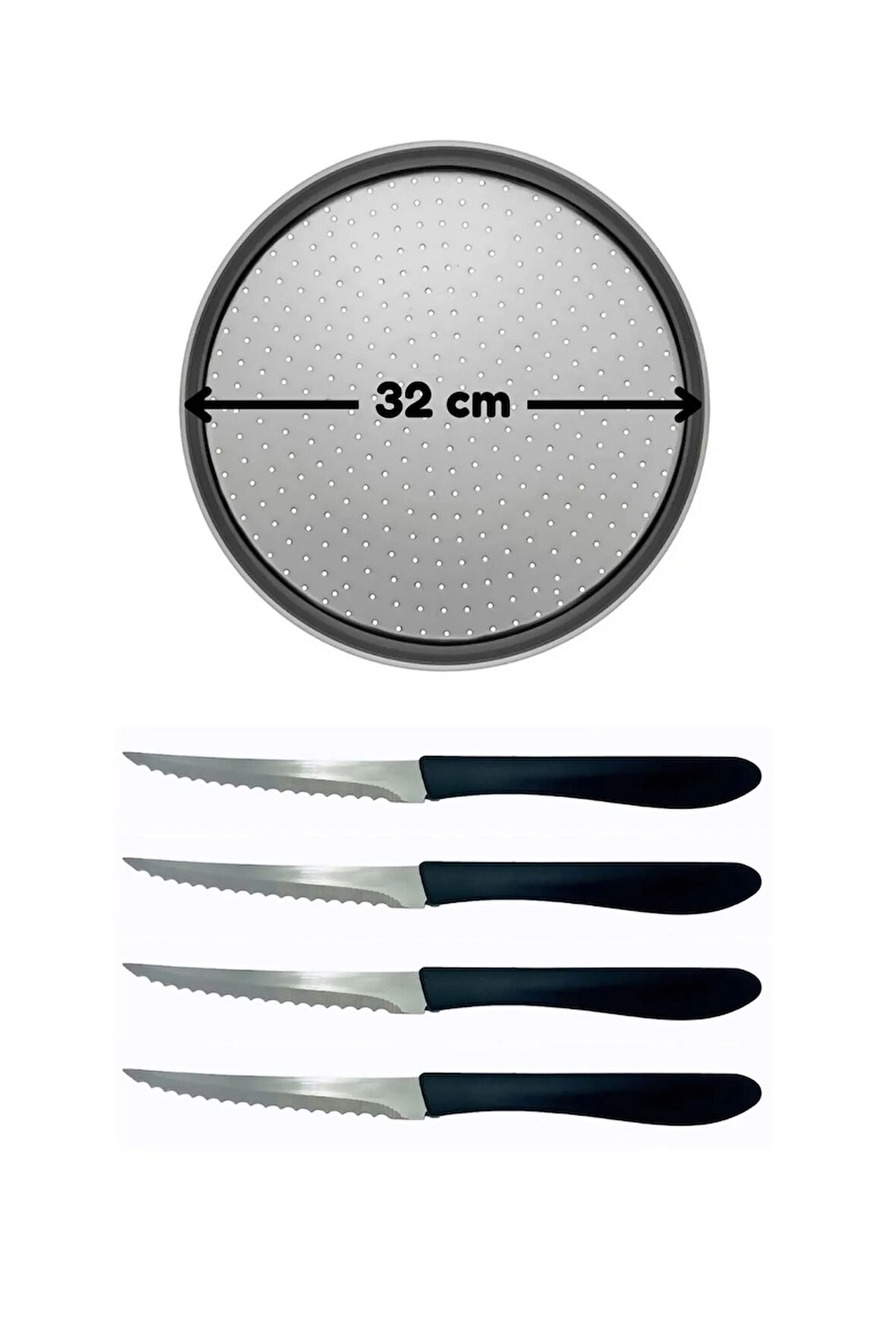 Orta Boy Delikli Pizza Tepsisi Lahmacun Tepsisi 32 Cm ve Paslanmaz Çelik Siyah Pizza Bıçağı 4 Adet