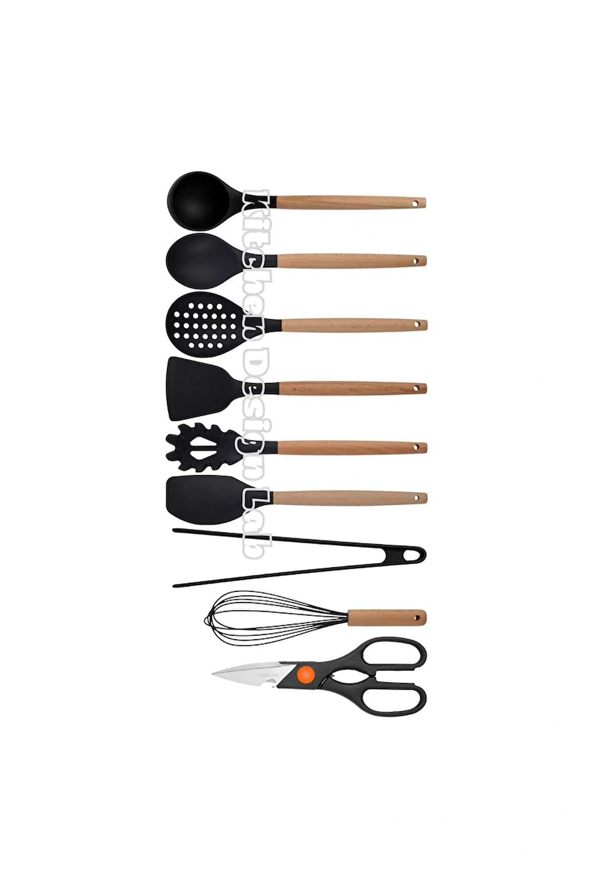 Siyah Bambu Silikon - Kepçe, Kaşık, Kevgir, Makarna, 2 Spatula, Silikon Maşa, Makas, Çırpıcı, 9 Adet