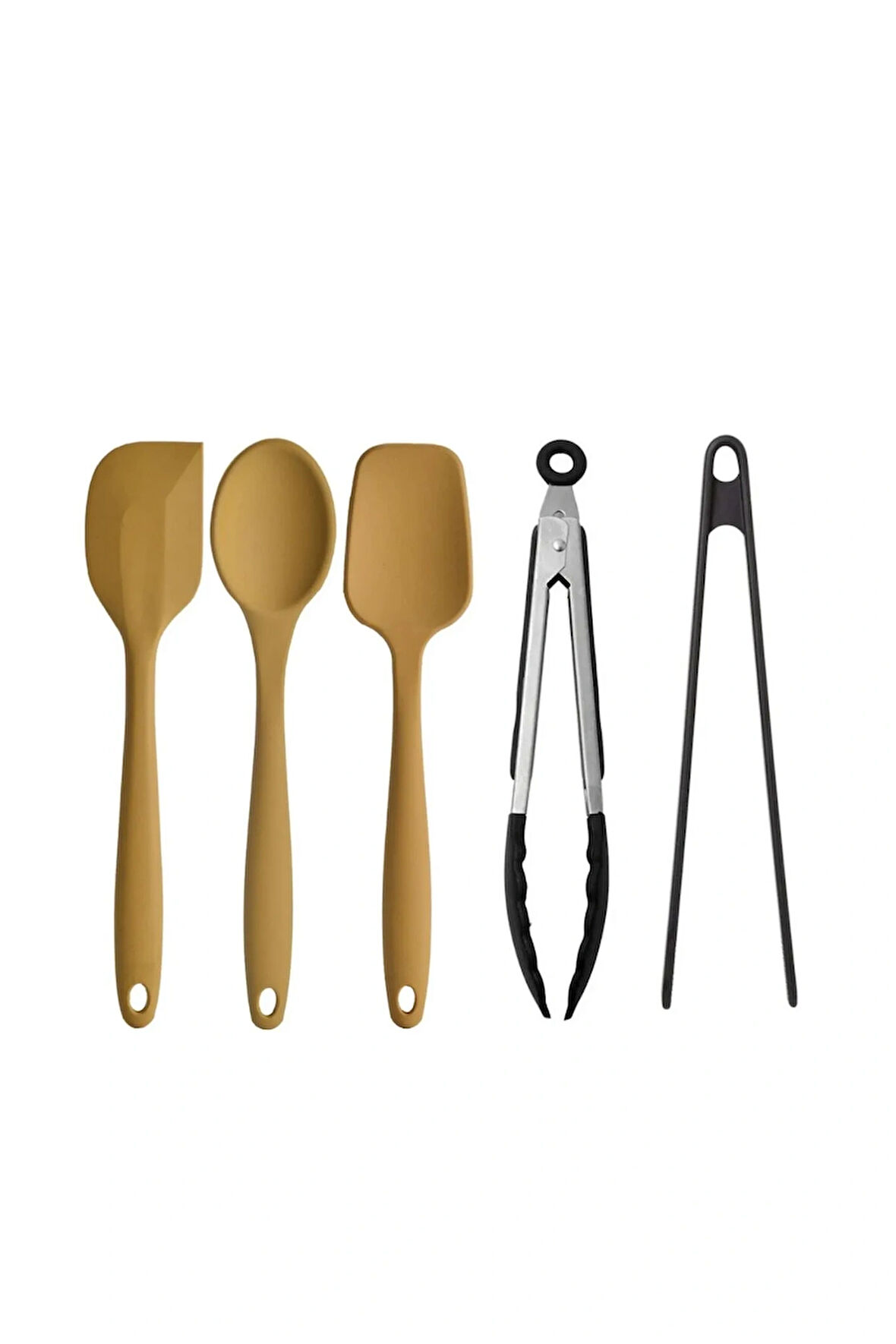 5 Li Sarı Yanmaz Yapışmaz Silikon Düz Yassı Spatula Kaşık 3 Adet Siyah Metal Ve Silikon Maşa 2 Adet