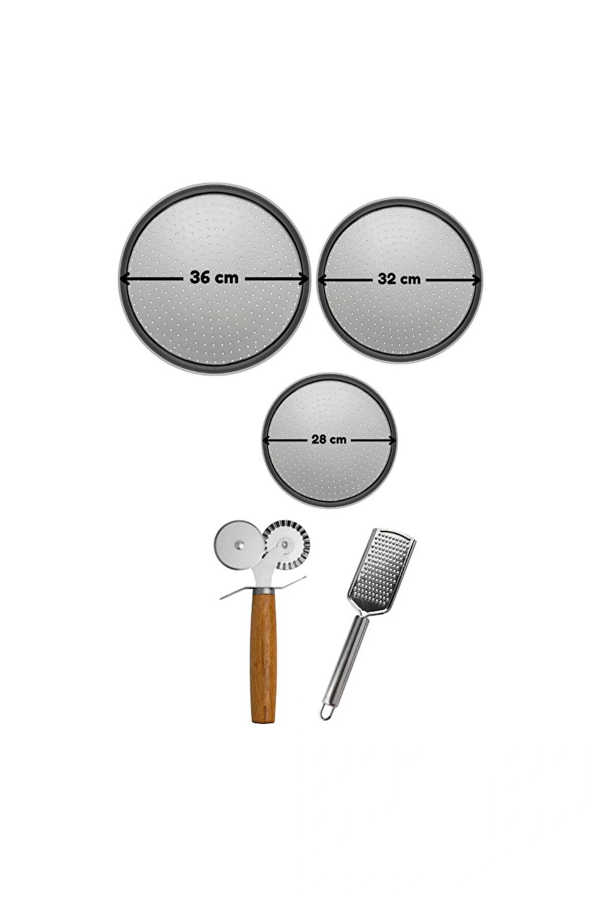 Büyük-Orta-Küçük Boy Pizza Tepsisi ,Çift Başlı Pizza Ruleti ve Paslanmaz Çelik Peynir Rendesi