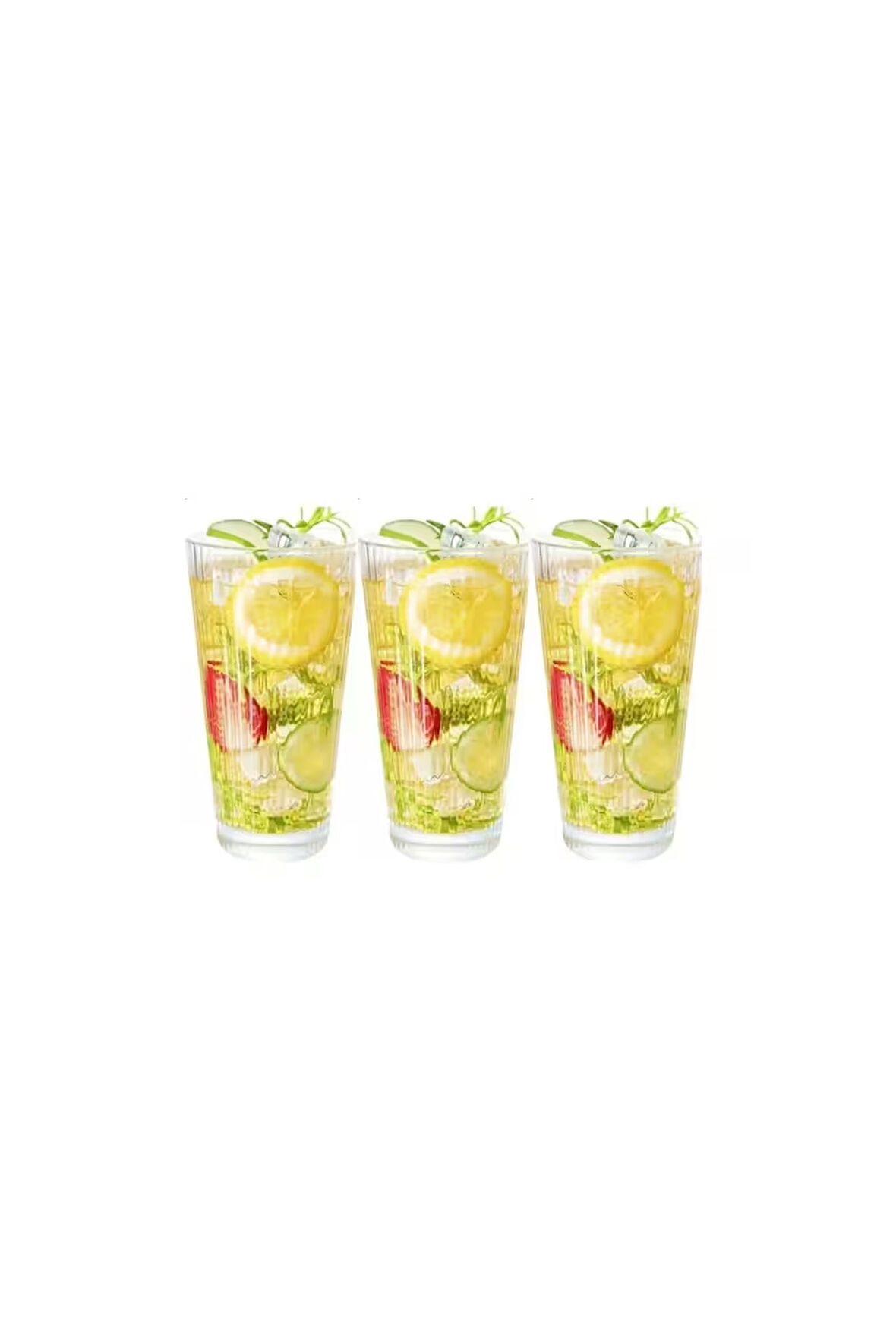 Yeni Tasarım Çizgili Uzun Cam Bardak, Meşrubat, Latte, Nescafe, Su Bardağı 300 Ml - 3 Adet - 2441