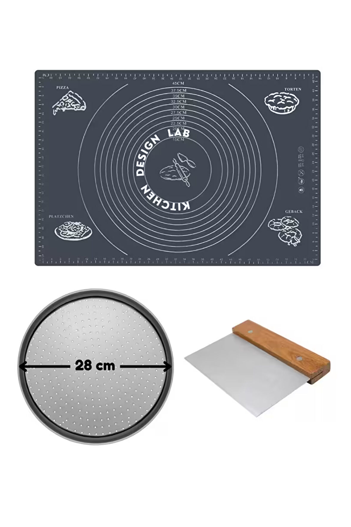 Gri Silikon Hamur Açma Matı 45 X 65 Cm, 28 Cm Pizza Tepsisi Ve Ahşap Saplı Hamur ve Pizza Kesici