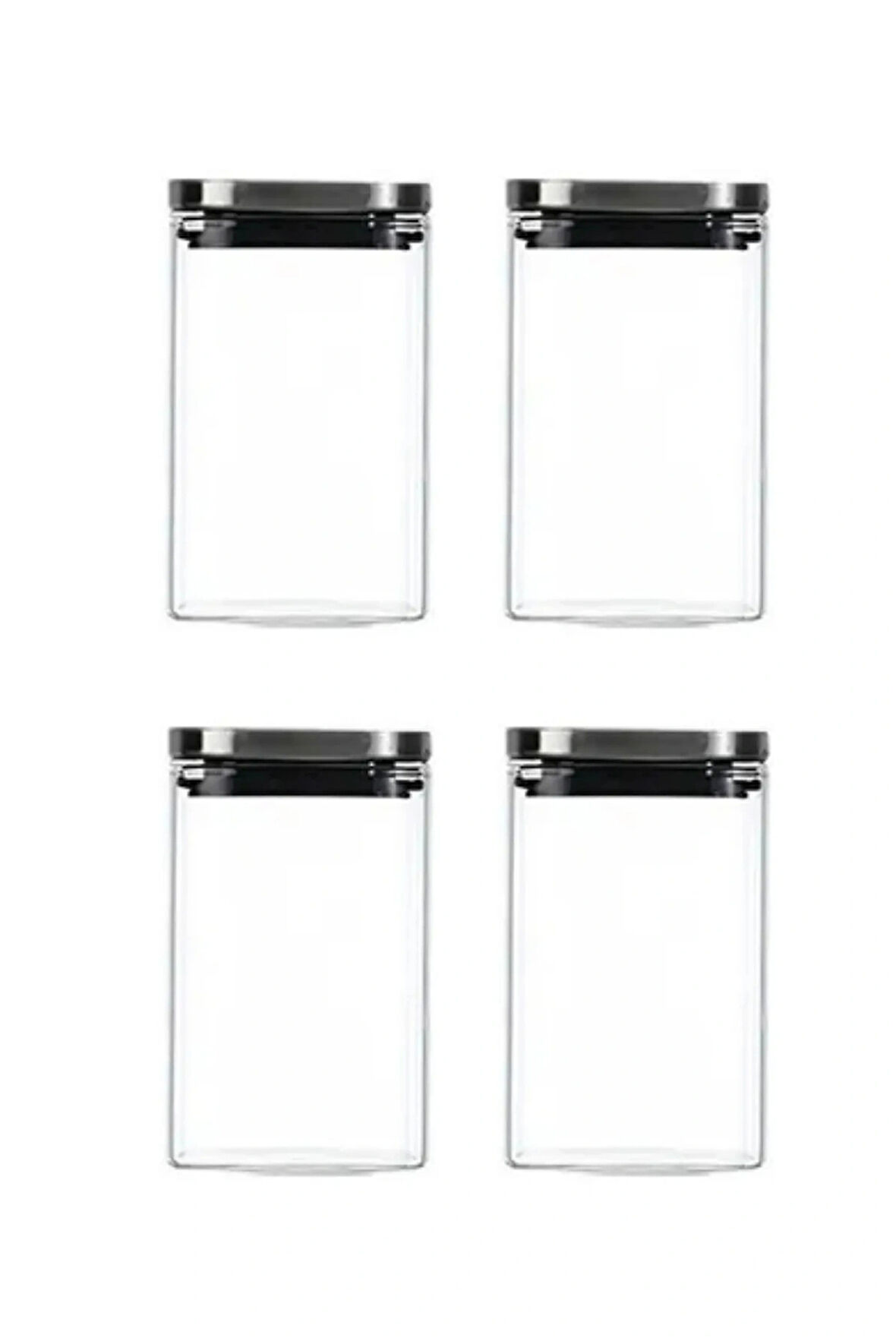 Vakum Krom Kapaklı Kare Cam Kavanoz 8x8x13 Cm - 650 ml Cam Baharatlık Saklama Kabı 4 Adet