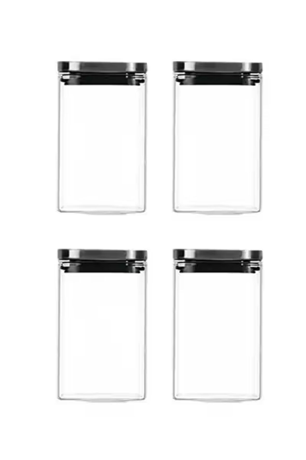 Vakum Krom Kapaklı Kare Cam Kavanoz 8x8x13 Cm - 650 ml Cam Baharatlık Saklama Kabı 4 Adet