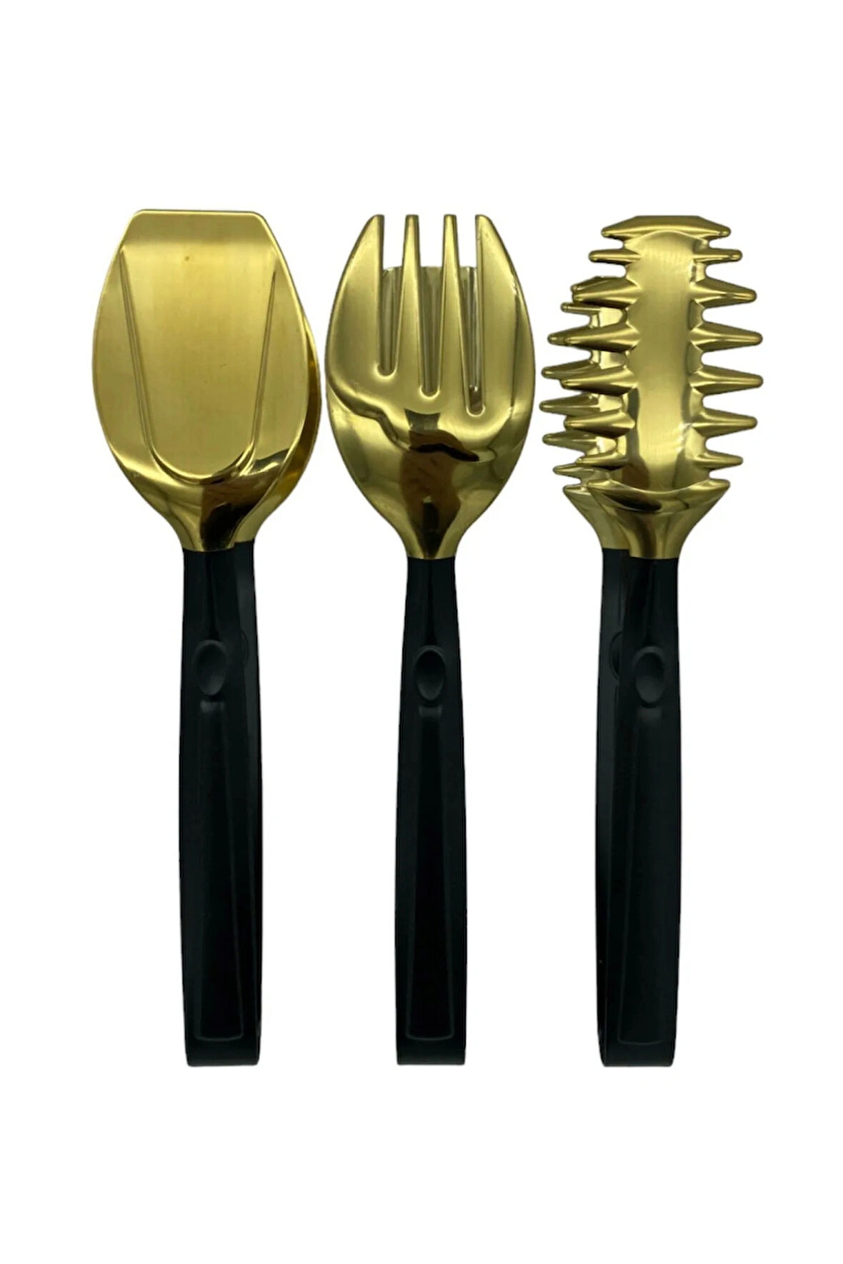 Lüks 3 Parça Gold Siyah Paslanmaz Çelik Makarna, Salata, Pasta Maşa Seti Paslanmaz Çelik