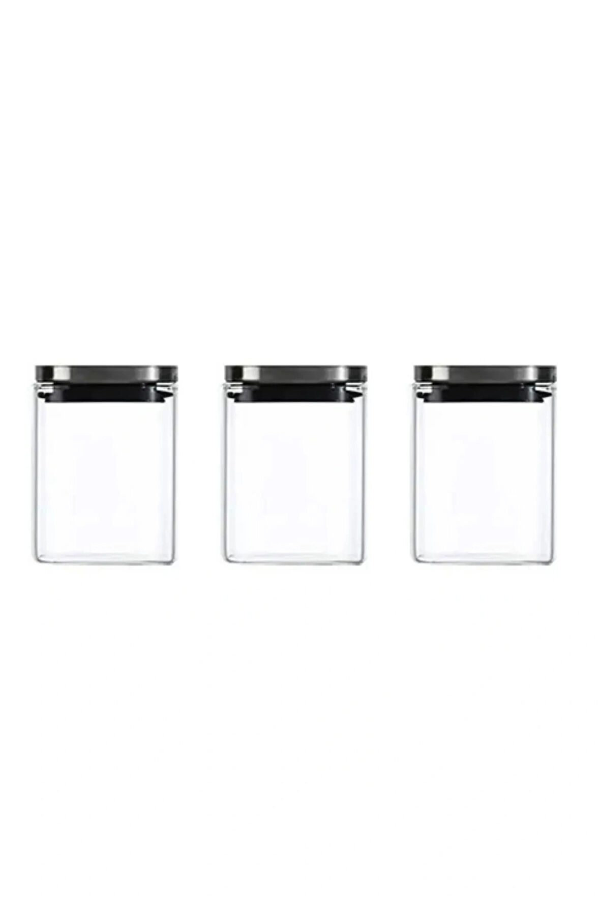 Vakum Krom Kapaklı Kare Cam Kavanoz 8x8x13 Cm -650 ml Cam Baharatlık Saklama Kabı 3 Adet