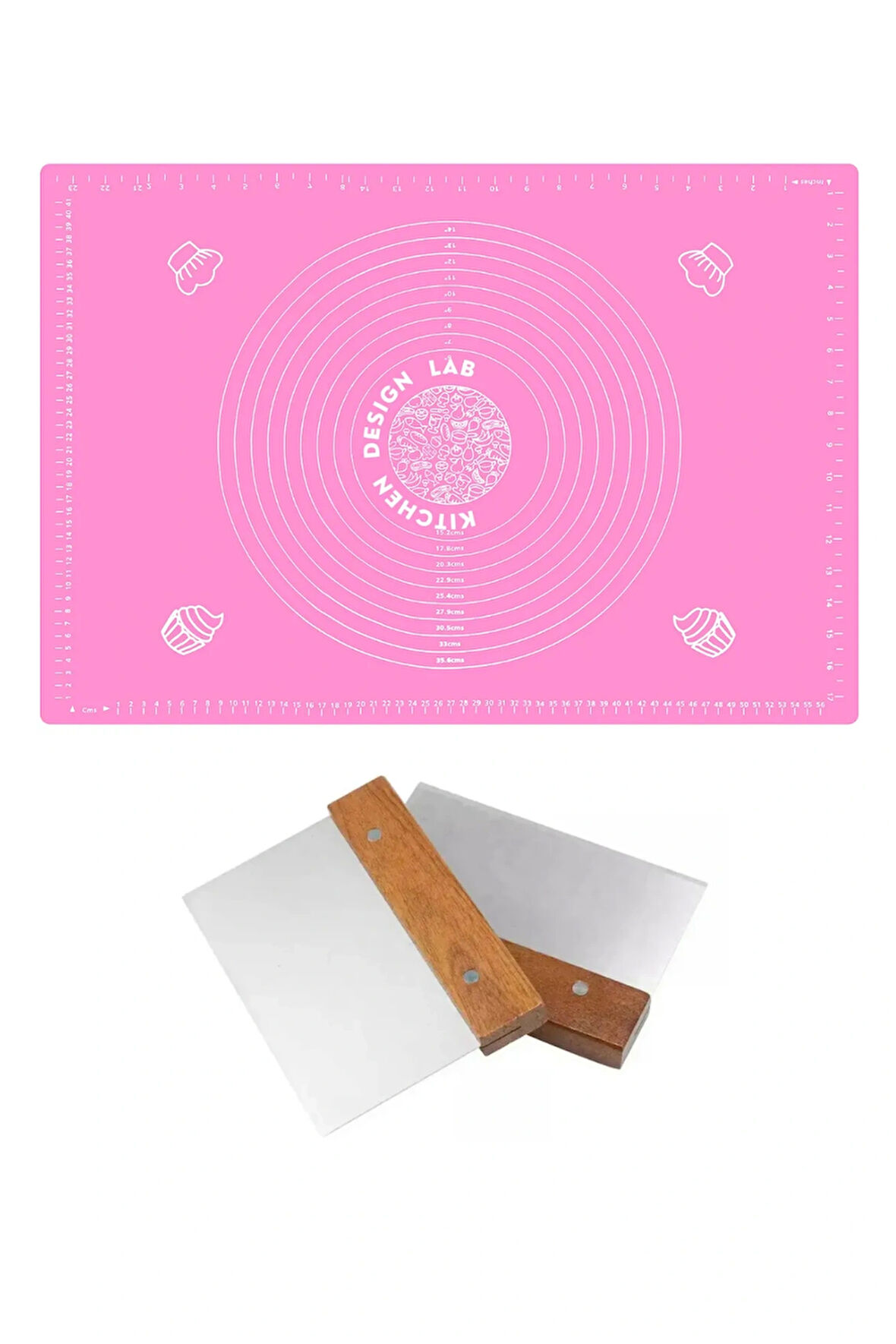 Pembe Ölçülü Hamur Açma Matı 45 X 65 Cm ve Paslanmaz Çelik Ahşap Saplı Hamur Kesici Kazıyıcı Spatula
