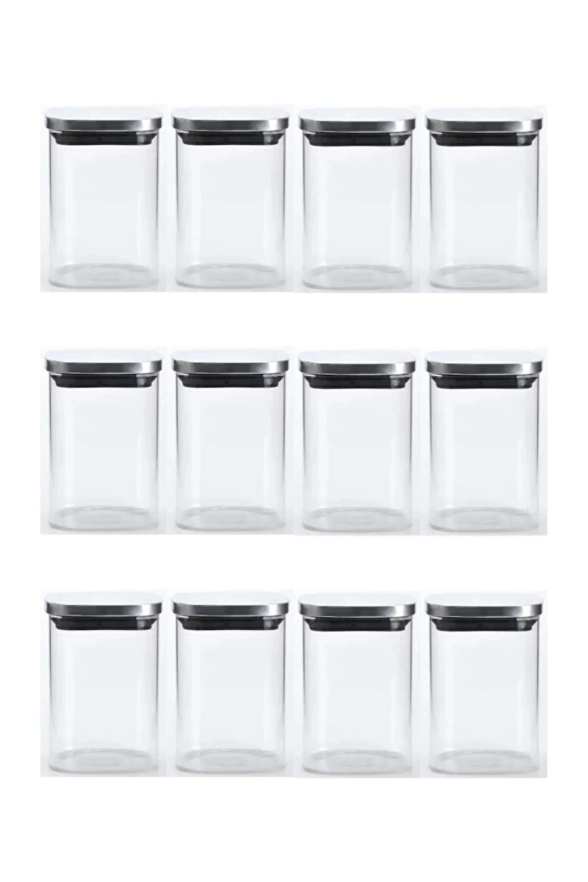 Vakum Krom Kapaklı Kare Cam Kavanoz 6,5x10,5 Cm - 300 Ml Cam Baharatlık Saklama Kabı 12 Adet