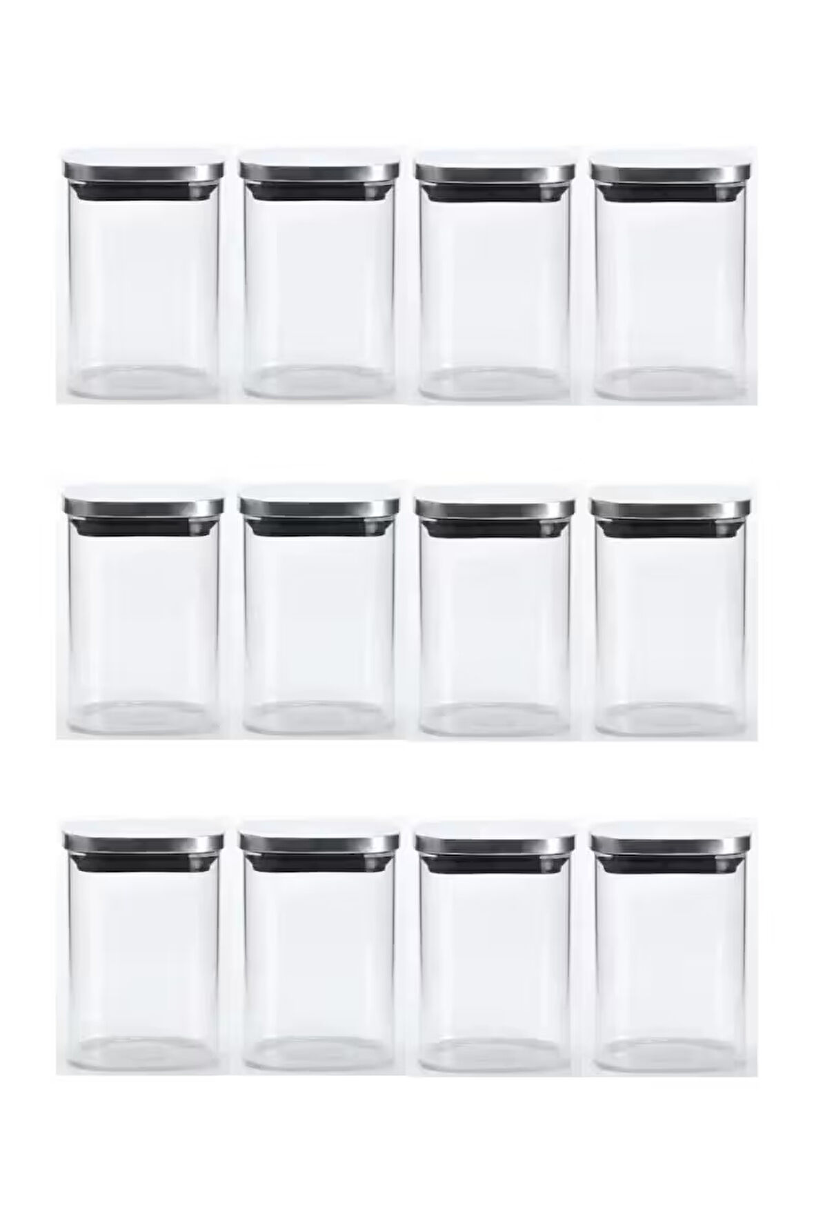 Vakum Krom Kapaklı Kare Cam Kavanoz 6,5x10,5 Cm - 300 Ml Cam Baharatlık Saklama Kabı 12 Adet