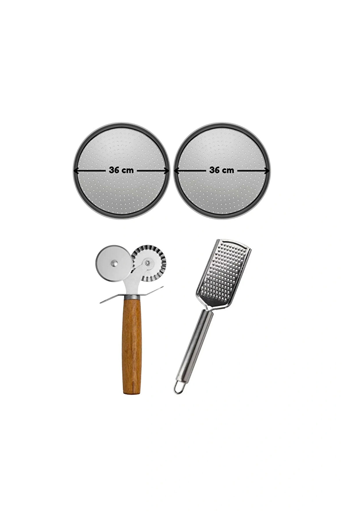Büyük Boy Delikli Pizza Tepsisi 36 cm x 2 Adet Çift Başlı Pizza Ruleti ve Çelik Peynir Rendesi