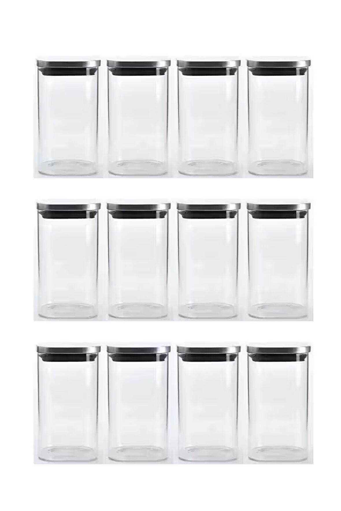 Vakum Krom Kapaklı Kare Cam Kavanoz 6,5x12,5 Cm - 350 Ml Cam Baharatlık Saklama Kabı 12 Adet