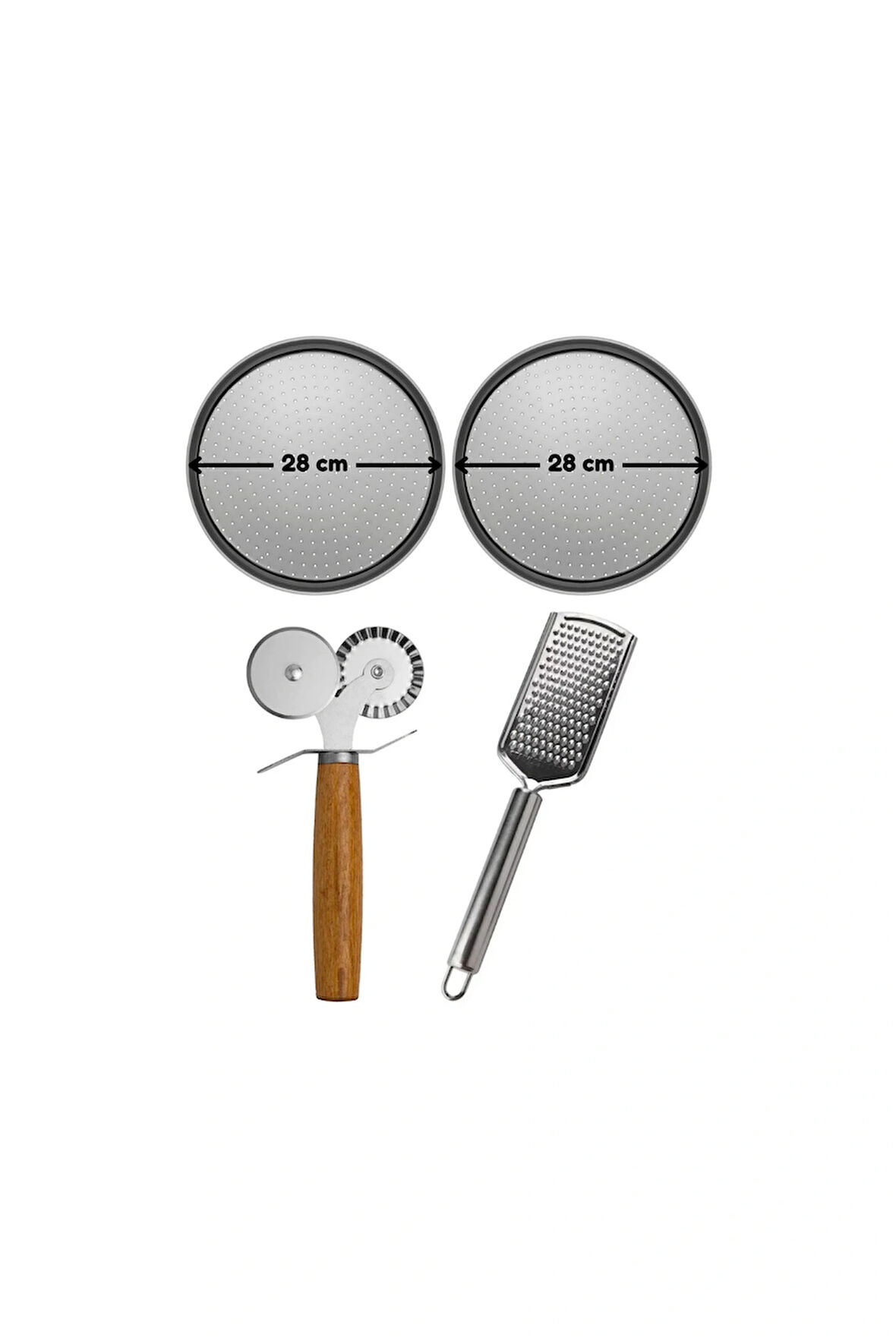 Küçük Boy Delikli Pizza Tepsisi 28 Cm X 2 Adet, Çift Başlı Pizza Ruleti Ve Çelik Peynir Rendesi