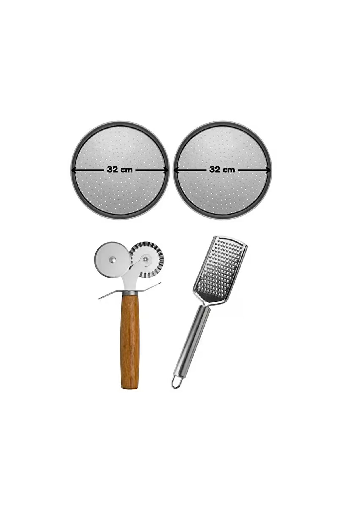 Orta Boy Delikli Pizza Tepsisi 32 Cm X 2 Adet, Çift Başlı Pizza Ruleti Ve Çelik Peynir Rendesi