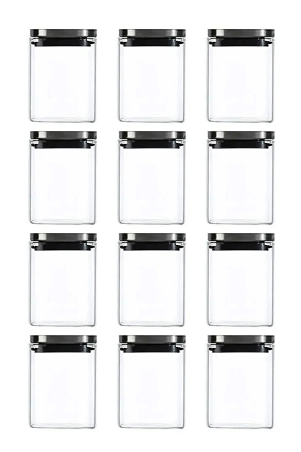 Vakum Krom Kapaklı Kare Cam Kavanoz 8x8*10 Cm - 500 Ml Cam Baharatlık Saklama Kabı 12  Adet