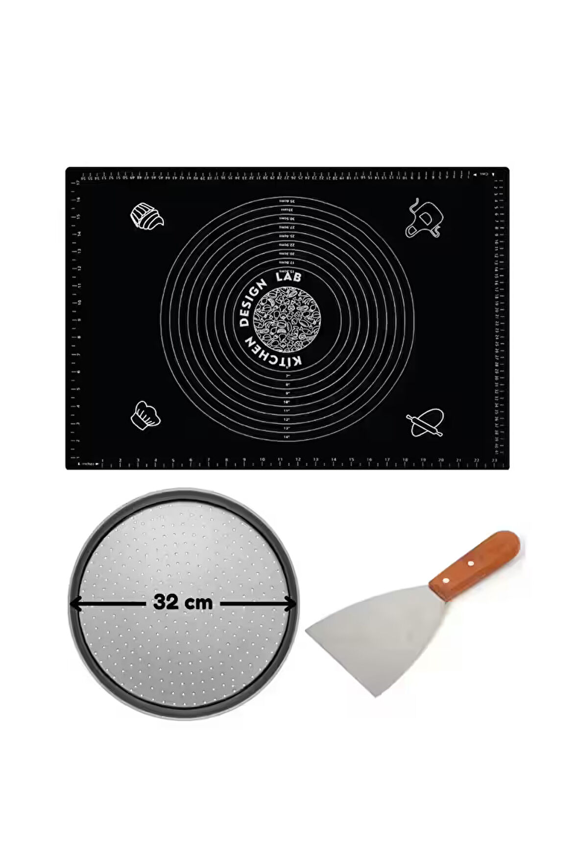 Siyah Hamur Açma Matı 45 X 65 Cm, 32 Cm Pizza Tepsisi Ve Ahşap Uzun Saplı Hamur ve Pizza Kesici