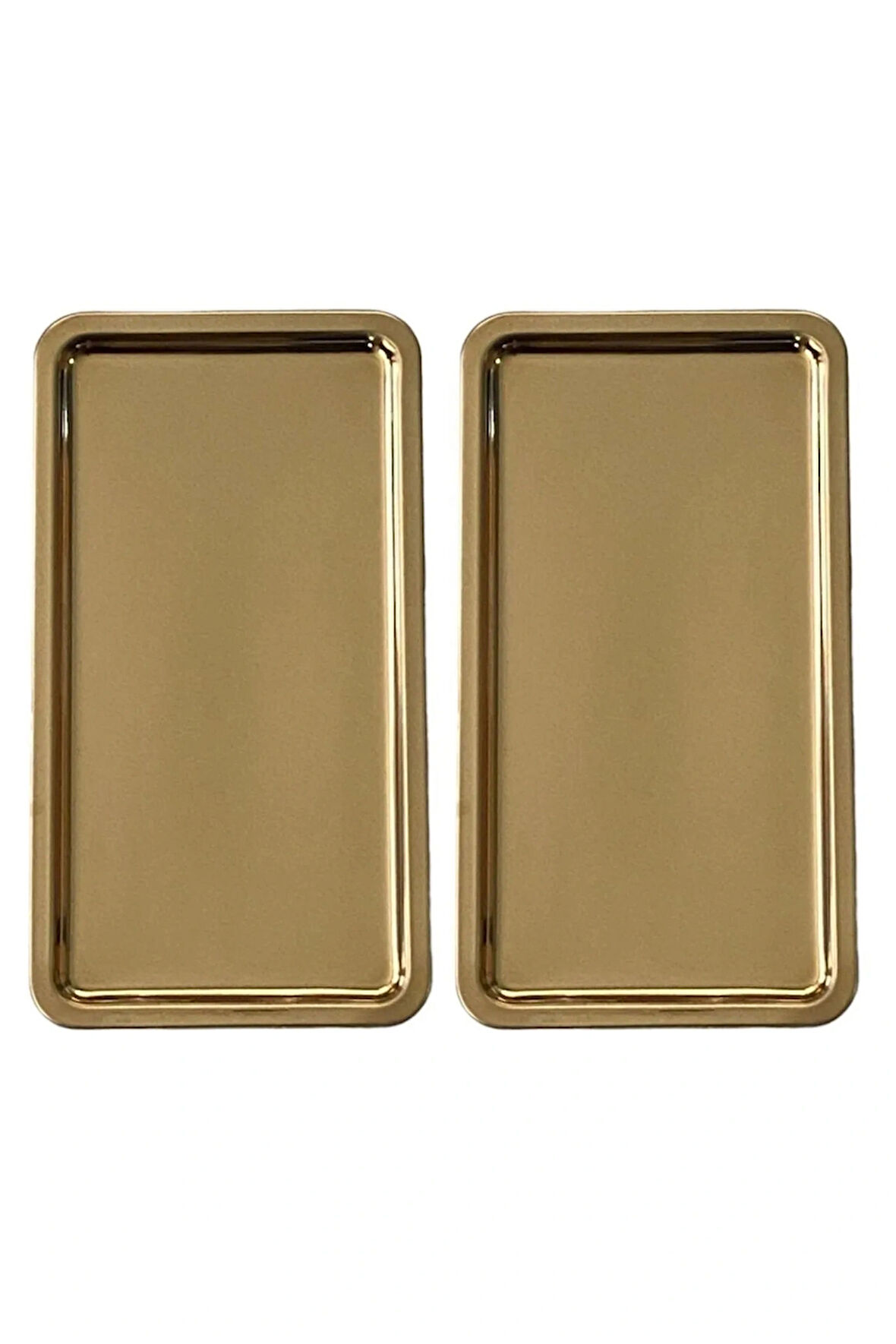 Paslanmaz Çelik Gold Renk Dikdörtgen Geniş Metal Düz Sunum Tepsisi Çay Kahve Tatlı Sunum 2 Adet