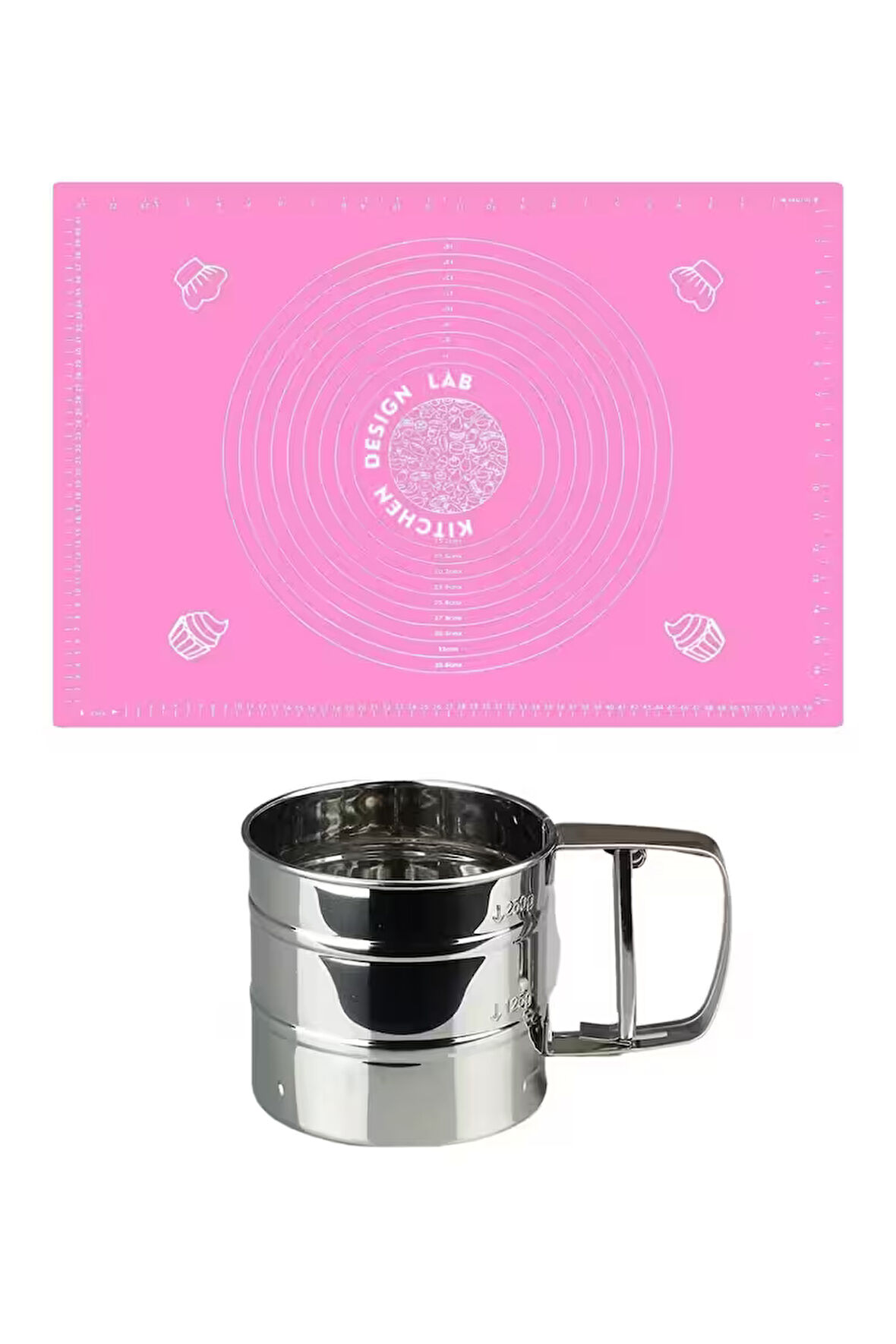 Pembe 1. Sınıf Kaliteli Silikon Ölçülü Çok Amaçlı Hamur Açma Matı 45 Cm X 65 Cm ve Çelik Un Eleği