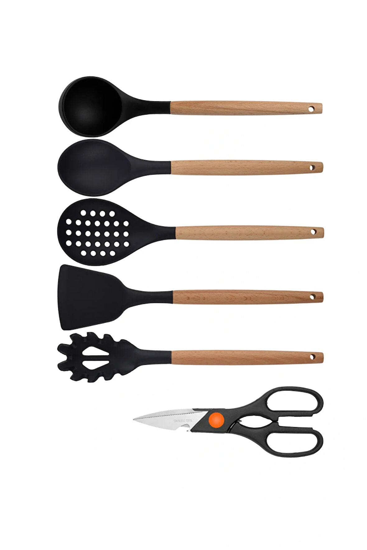 Siyah Bambu Silikon - Kepçe, Kaşık, Kevgir, Makarna, Açılı Spatula, Makas 6 lı Set