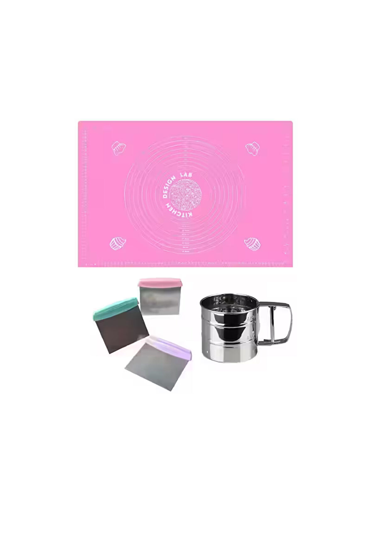 Pembe Silikon Ölçülü Çok Amaçlı Hamur Açma Matı 45 Cm X 65 Cm, Çelik Un Eleği ve Çelik Hamur Kesici