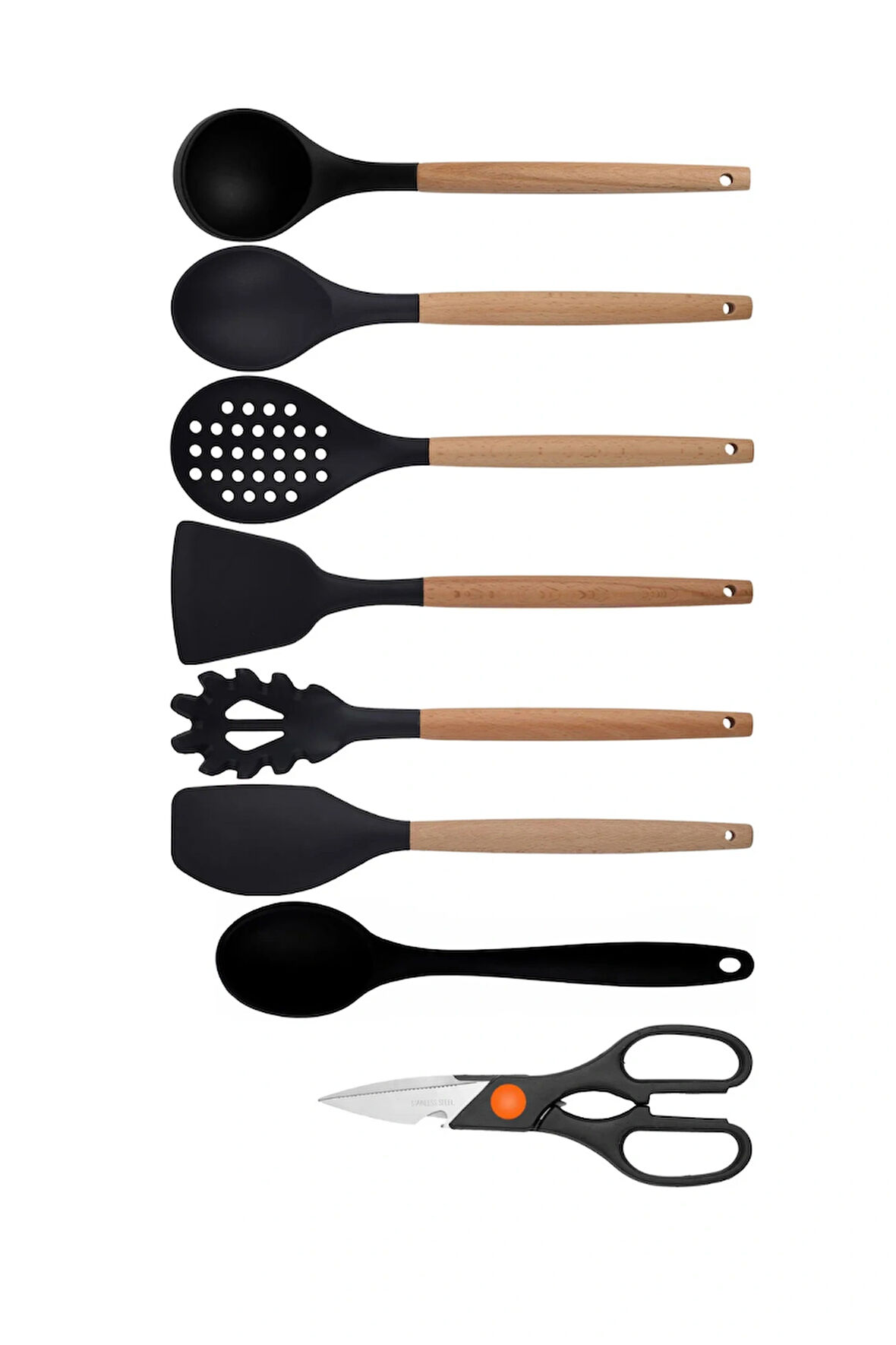 Siyah Bambu Silikon - Kepçe, Kaşık, Kevgir, Makarna, Açılı - Düz Spatula, Silikon Kaşık, Makas Set