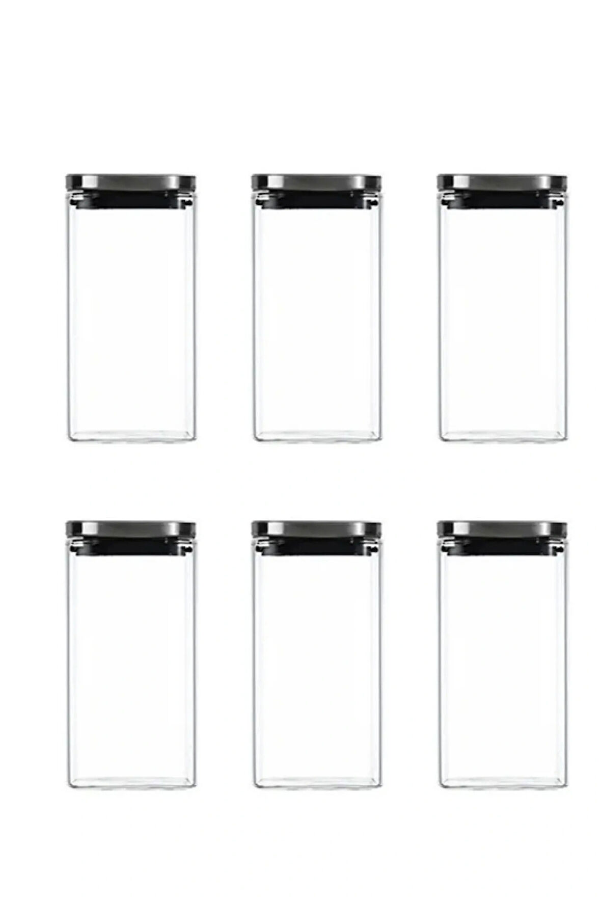Vakum Krom Kapaklı Kare Cam Kavanoz 8x8*15 Cm -800 ML Cam Baharatlık Saklama Kabı 6 Adet